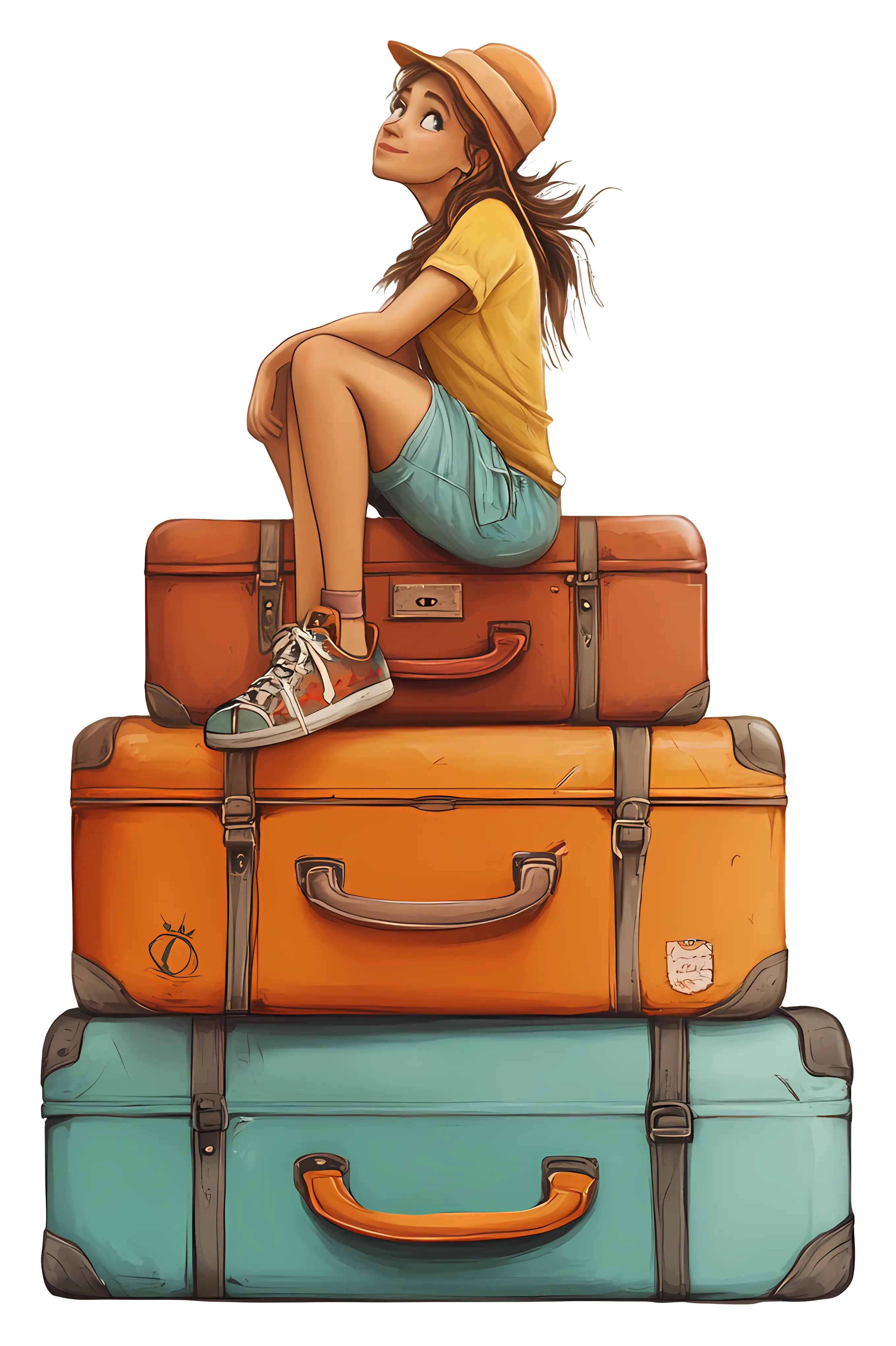 Girl Sitting on Stacked Suitcases