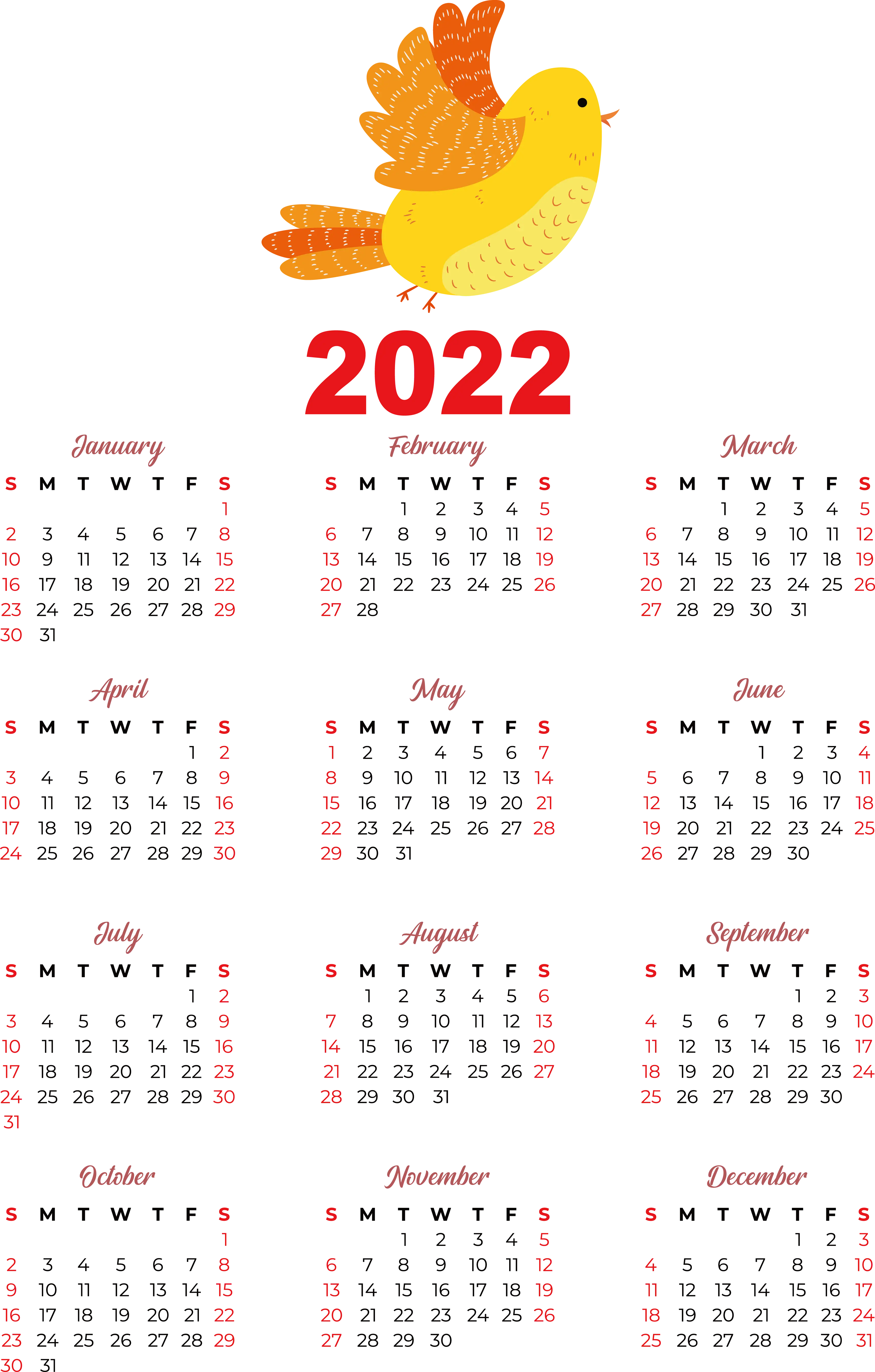 2022 Calendar with Yellow Bird Decoration