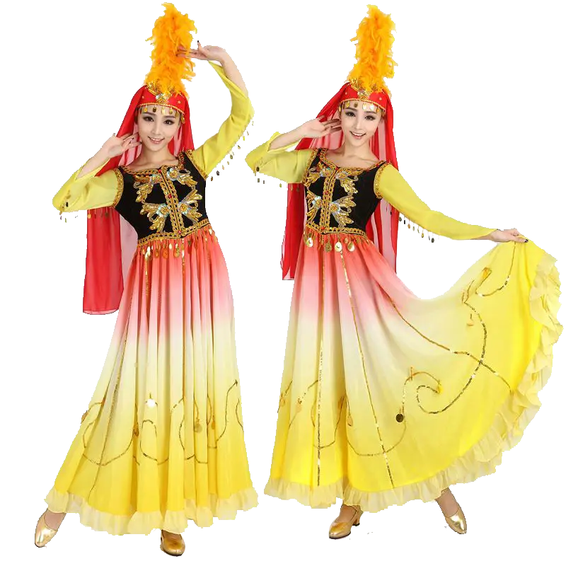 Traditional Dance Costume with Yellow Dress and Feather Headpiece
