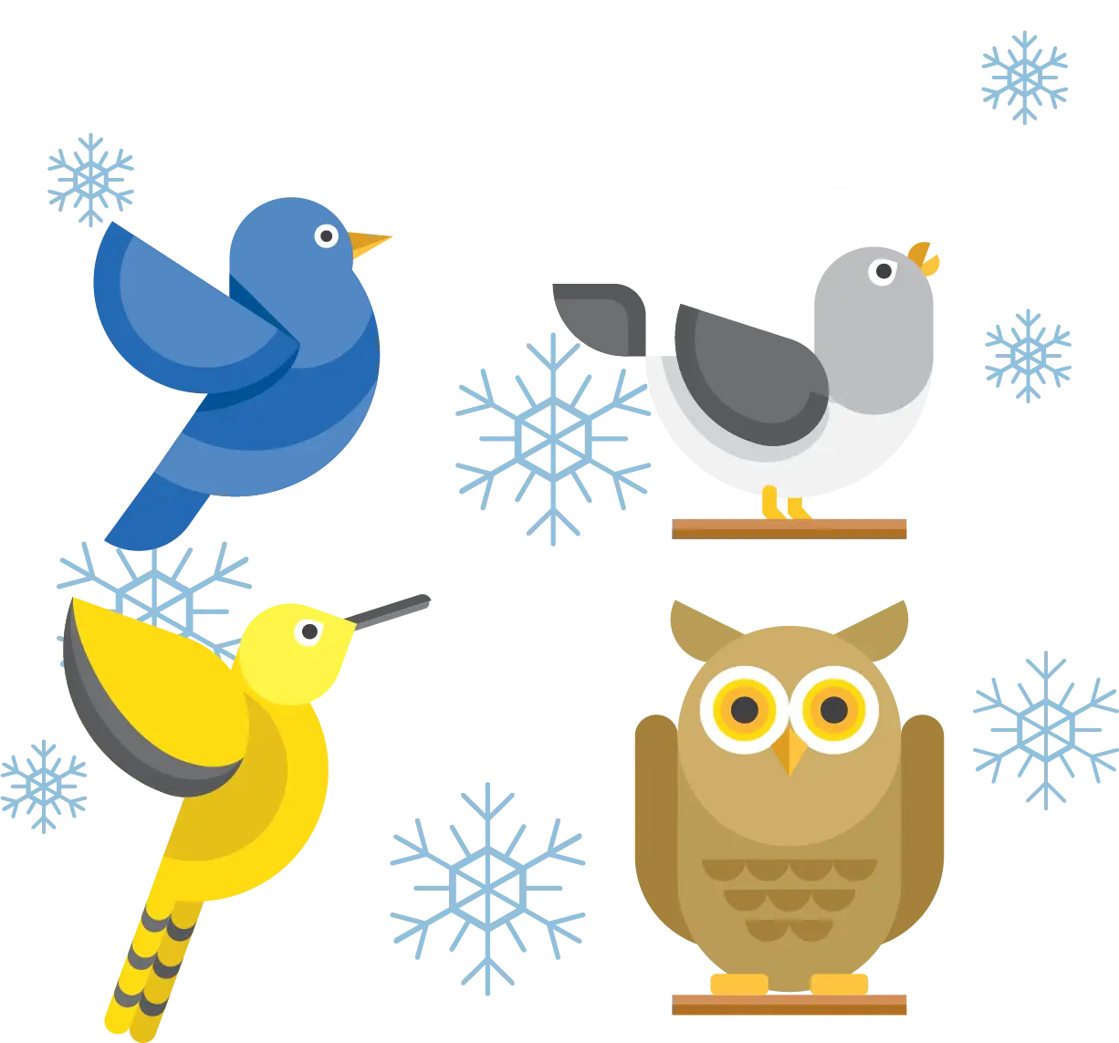 Cartoon Birds with Snowflakes