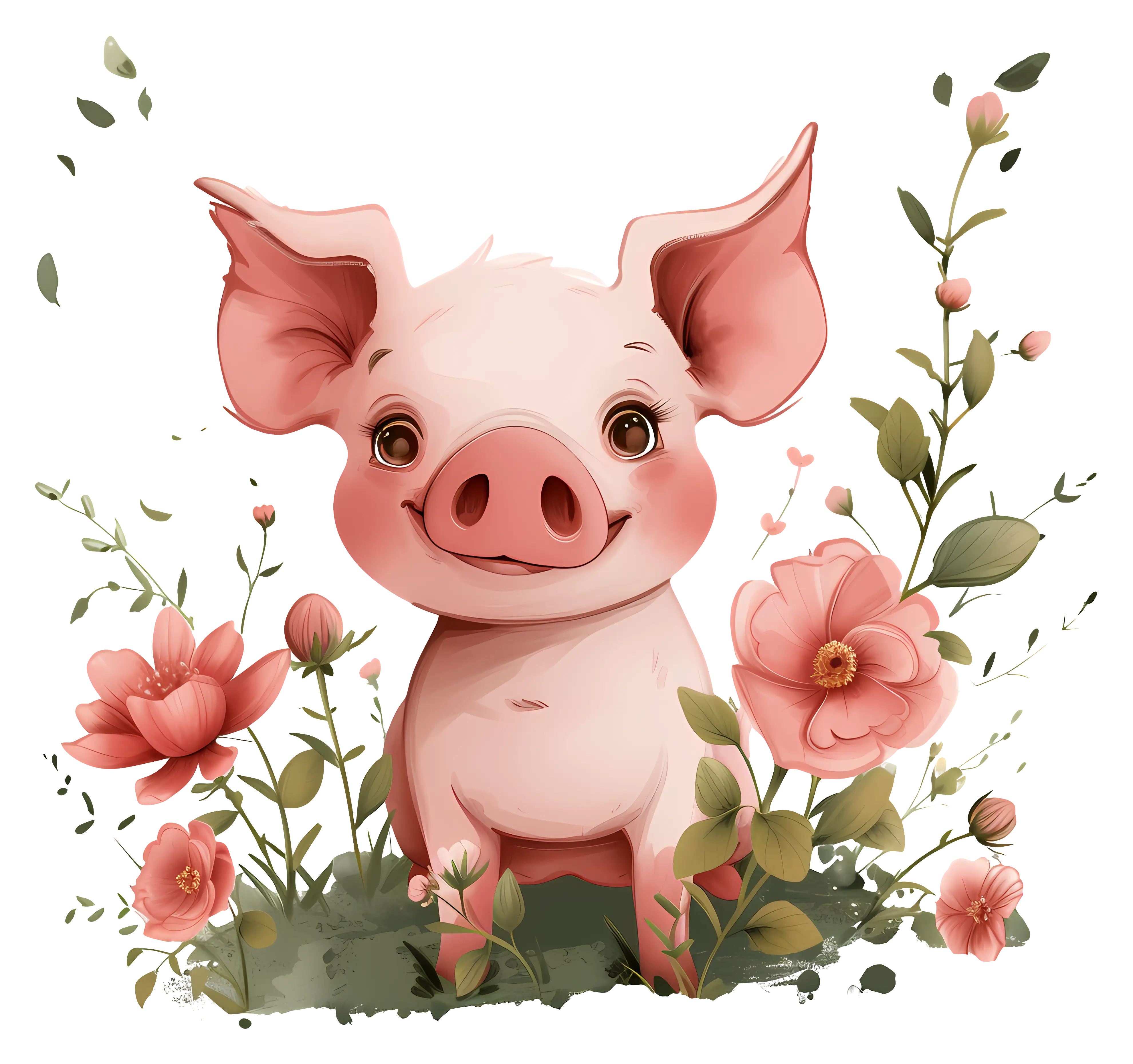 Cute Cartoon Pig Surrounded by Flowers