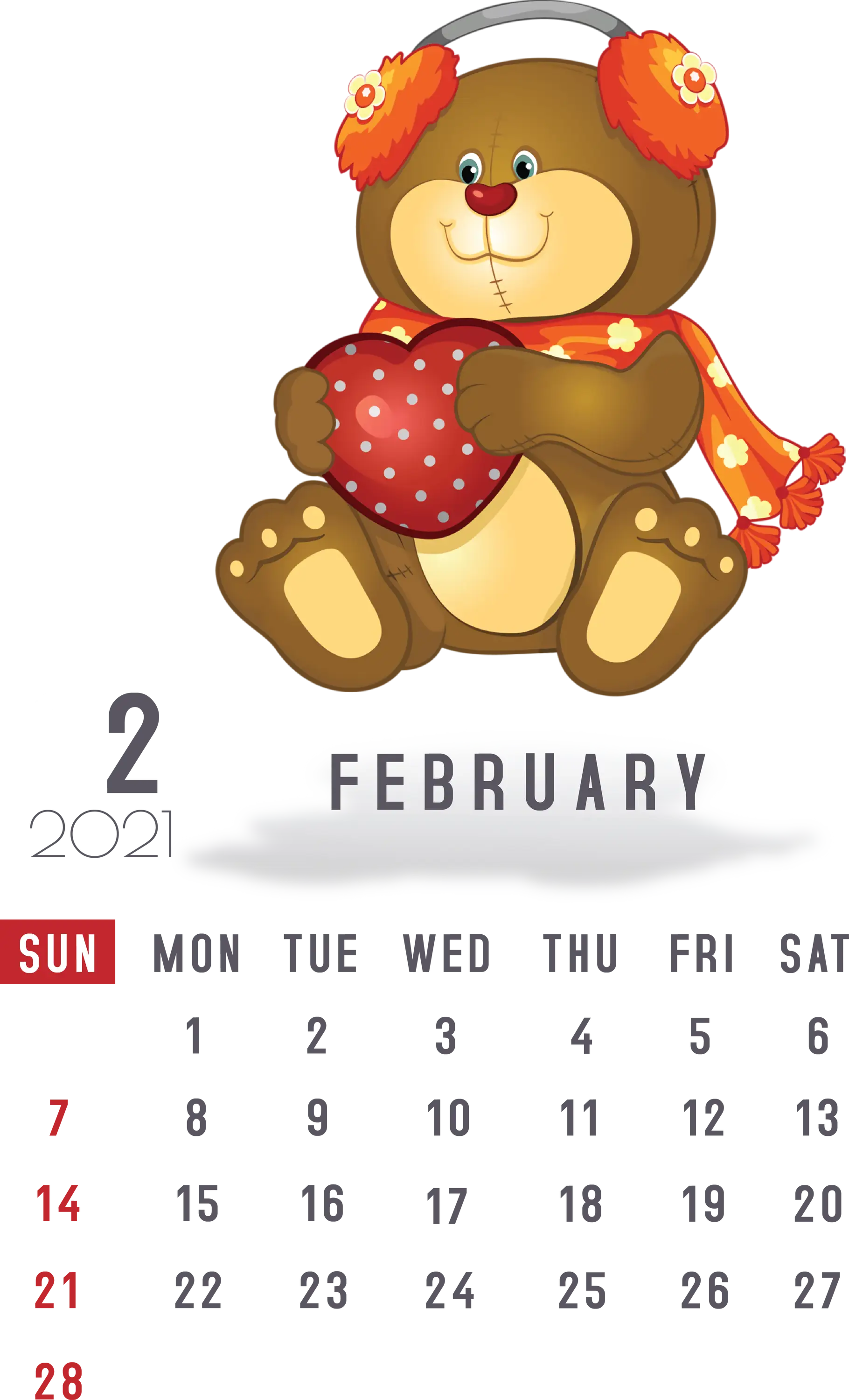 February 2021 Calendar Featuring a Cute Teddy Bear