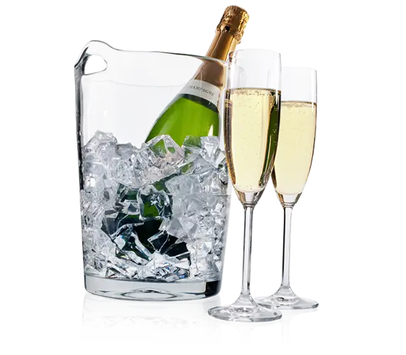 Champagne Bottle in Ice Bucket with Glasses