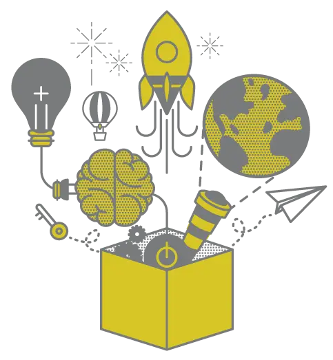 Creative Ideas Illustration with Brain and Rocket