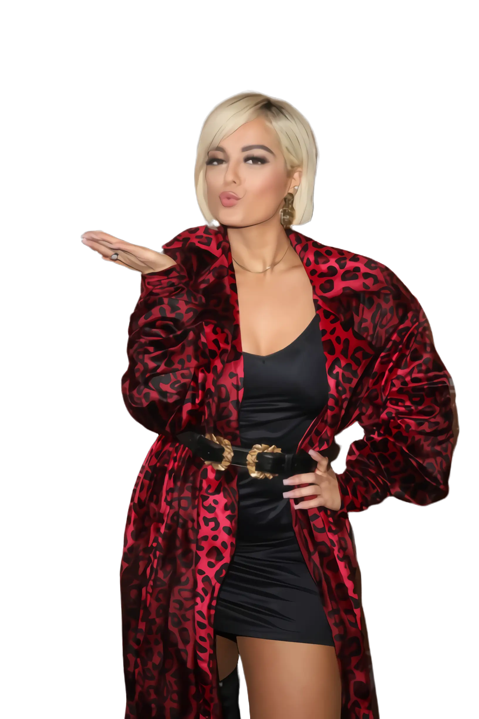 Lady in Red Leopard Print Jacket Blowing Kiss