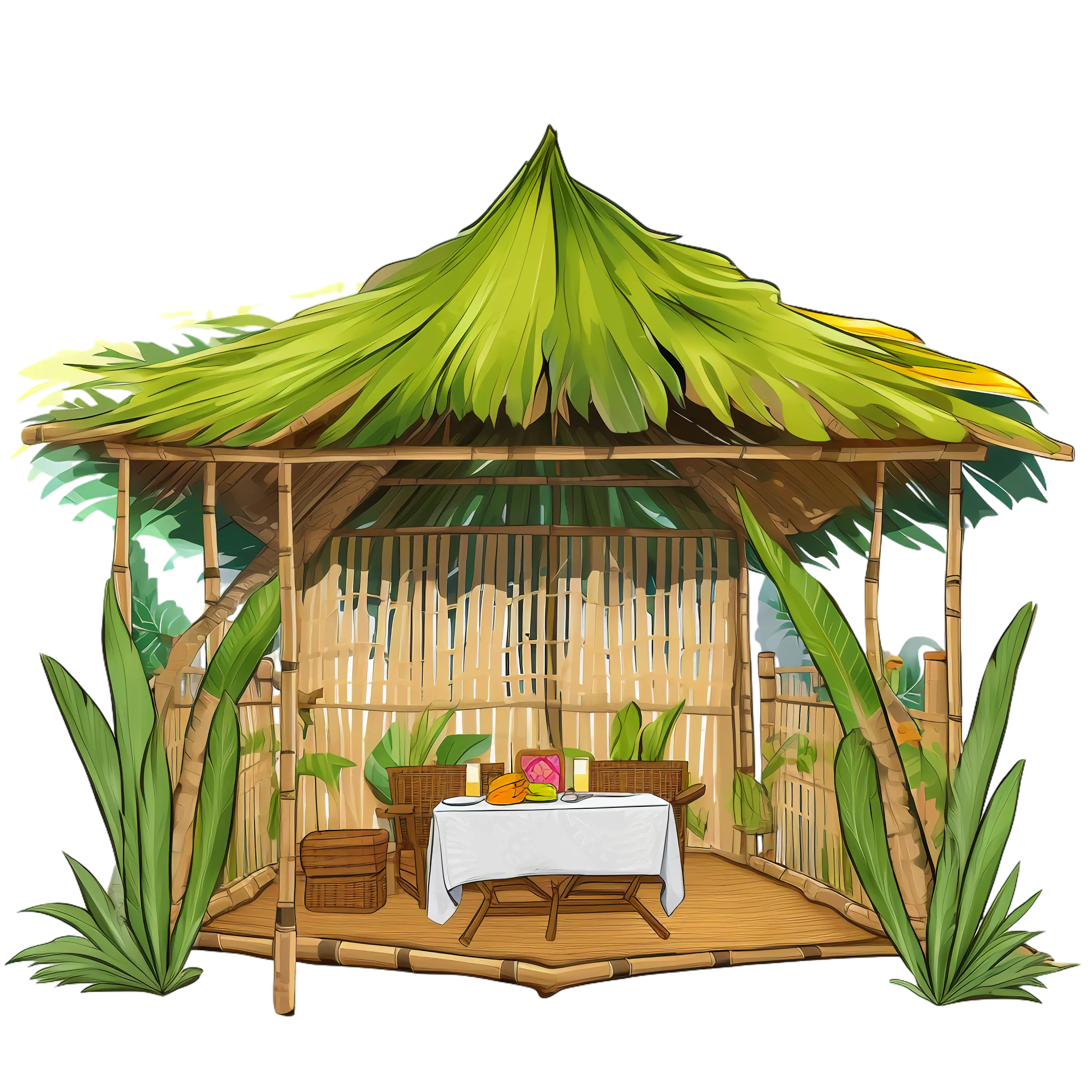 Thatched Hut with Bamboo and Tropical Decor