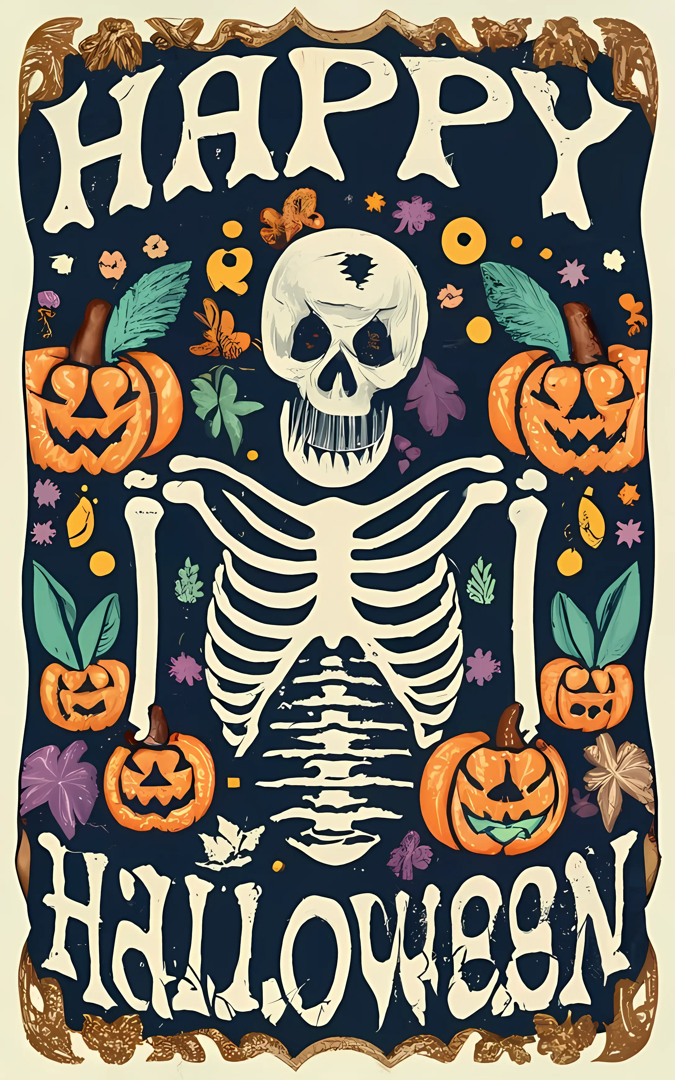 Halloween Skeleton with Pumpkins Art