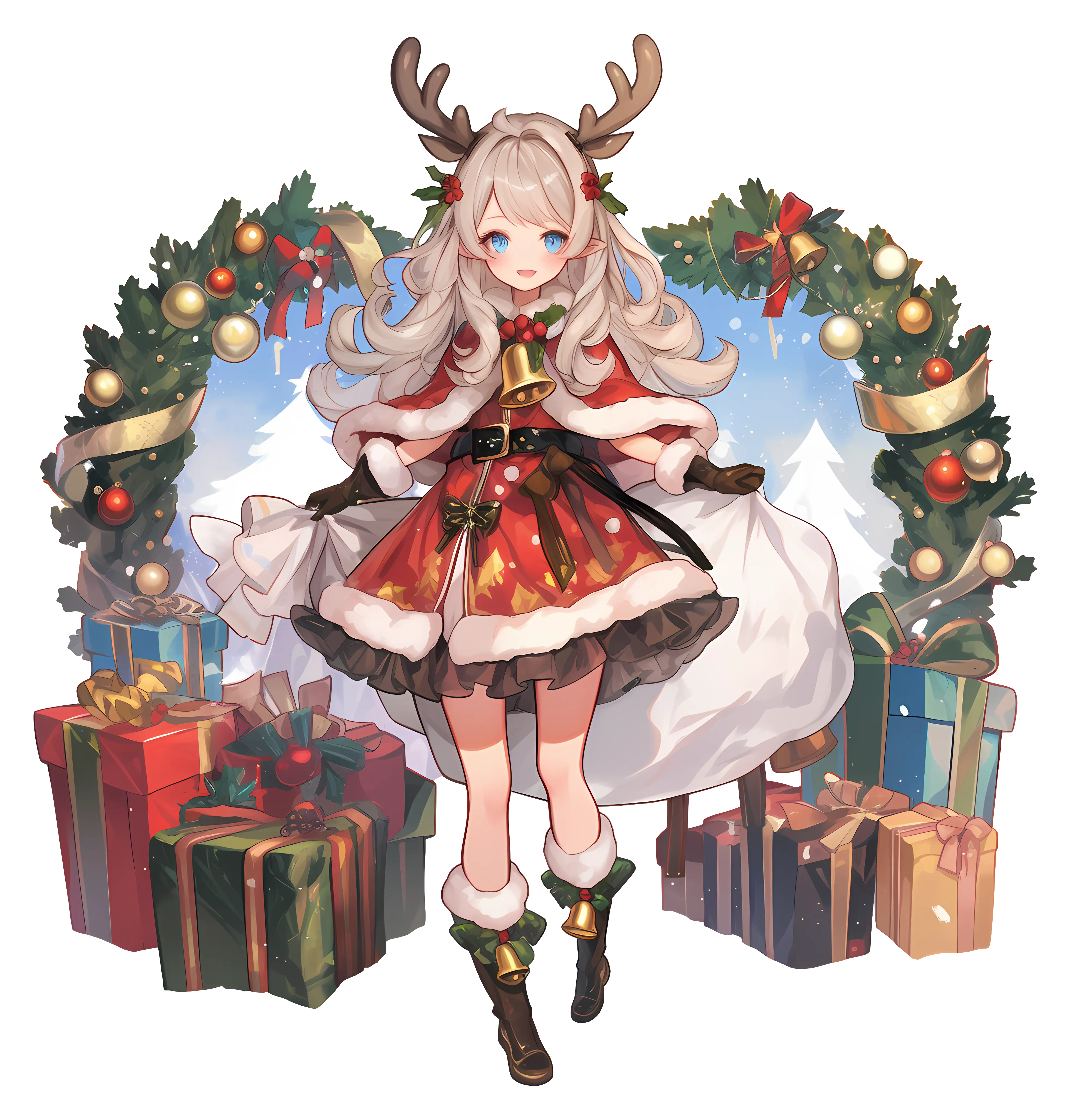 Christmas Girl with Gifts and Antlers