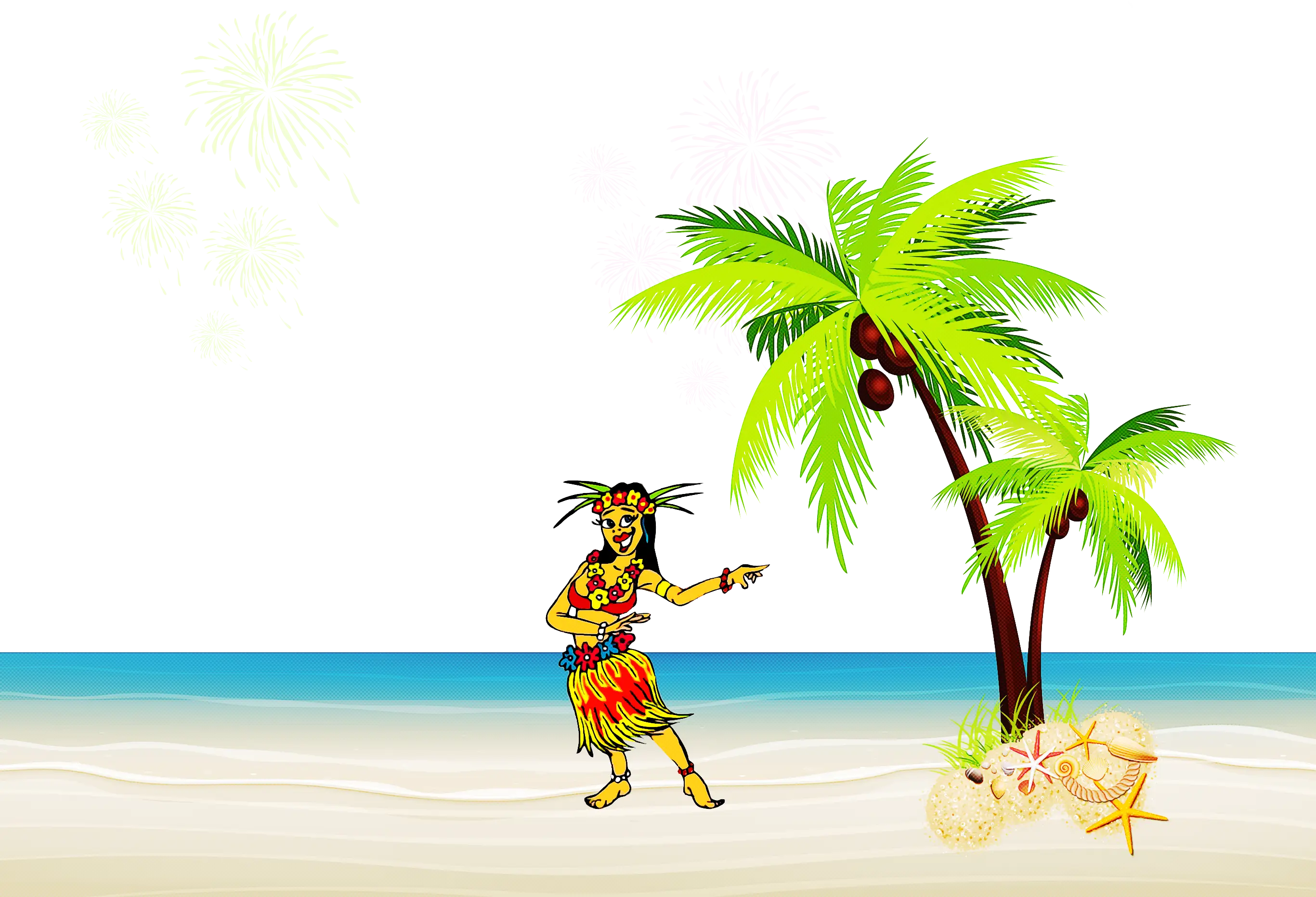 Tropical Beach with Palm Trees and Hula Dancer