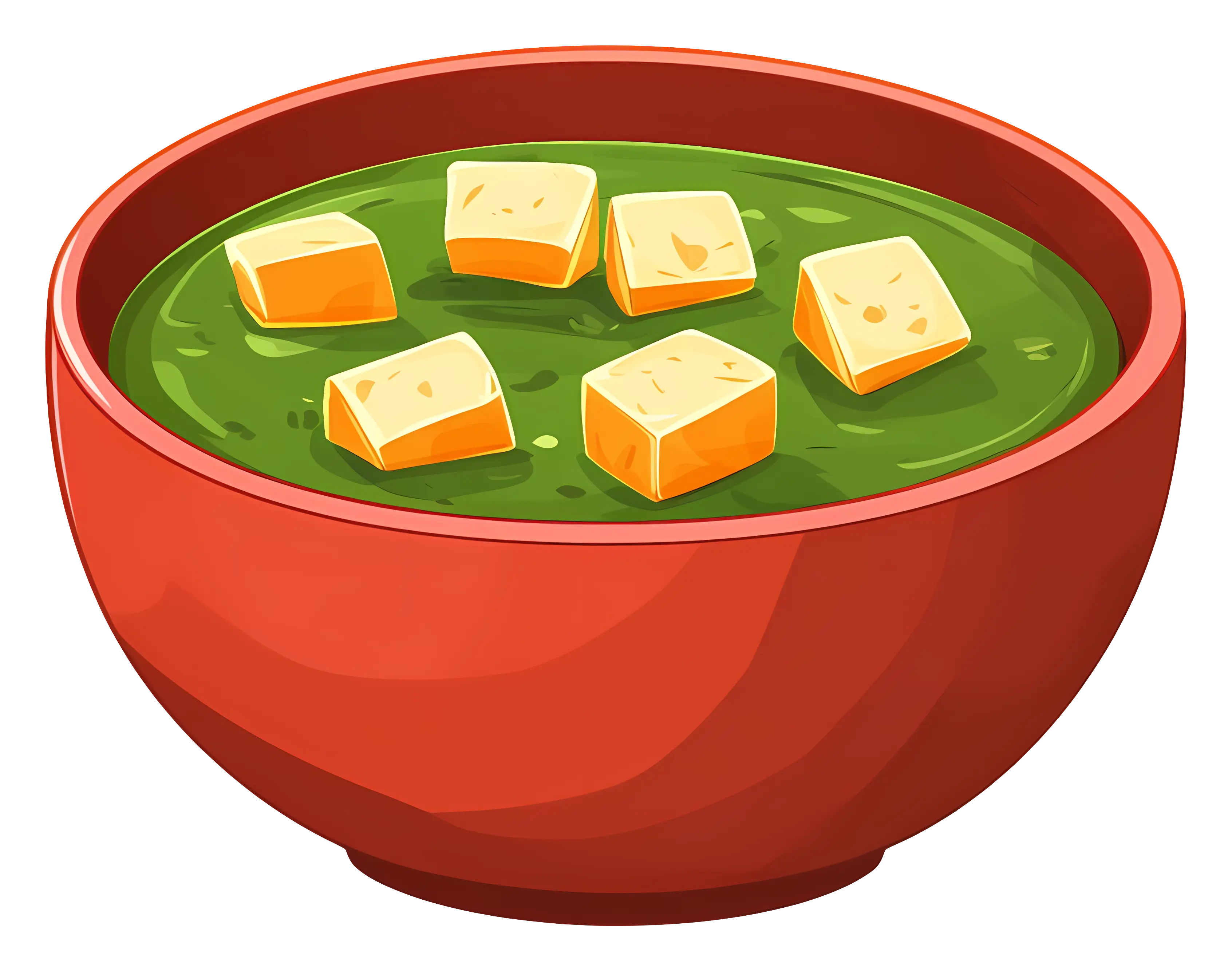 Green Soup Served in Red Bowl with Tofu Cubes