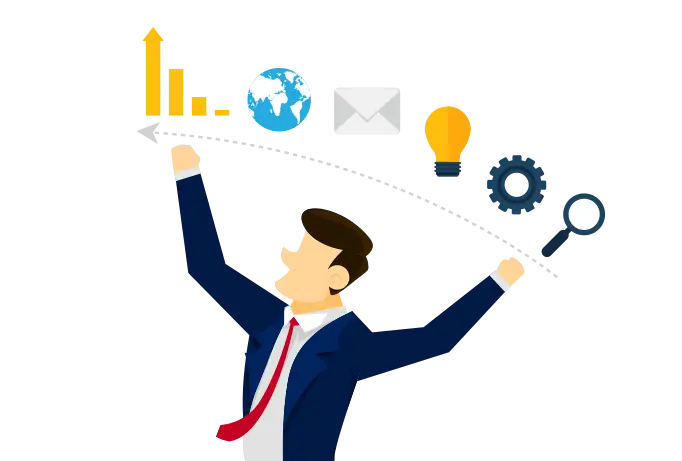Businessman Brainstorming with Ideas and Tools