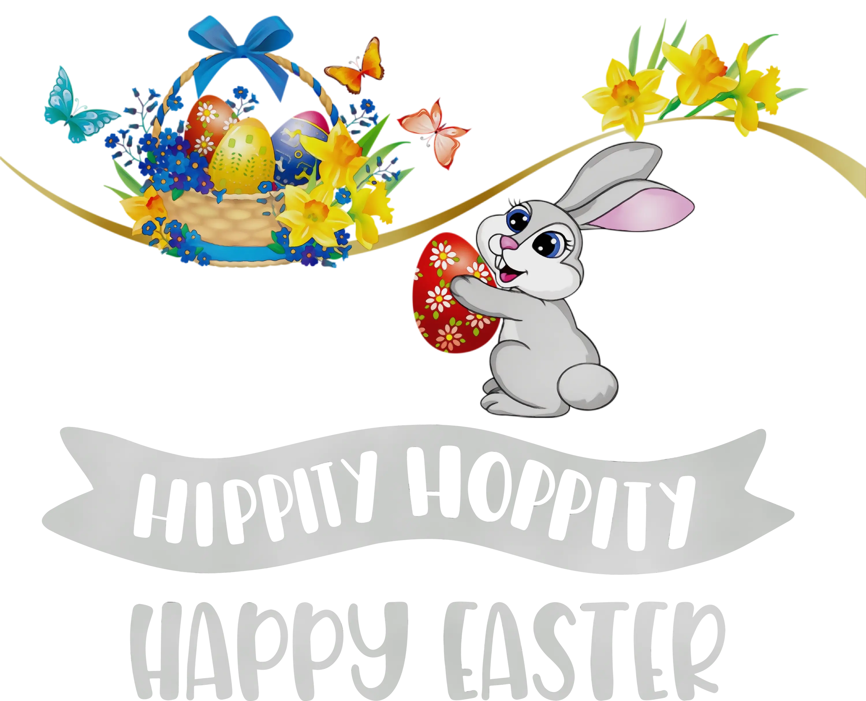 Happy Easter Bunny with Basket of Eggs and Spring Flowers