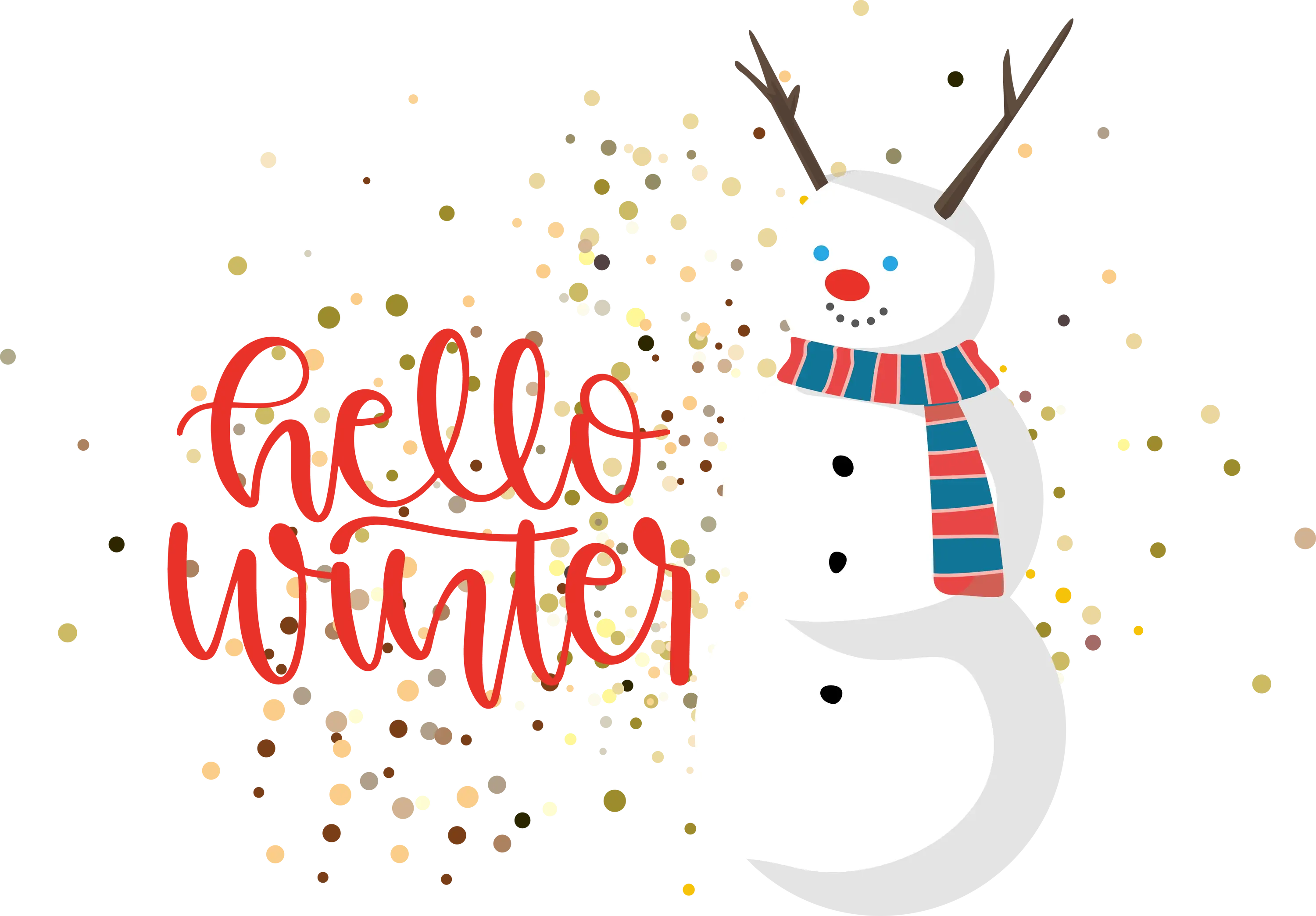 Snowman with Antlers and Striped Scarf Amid Winter Sparkles