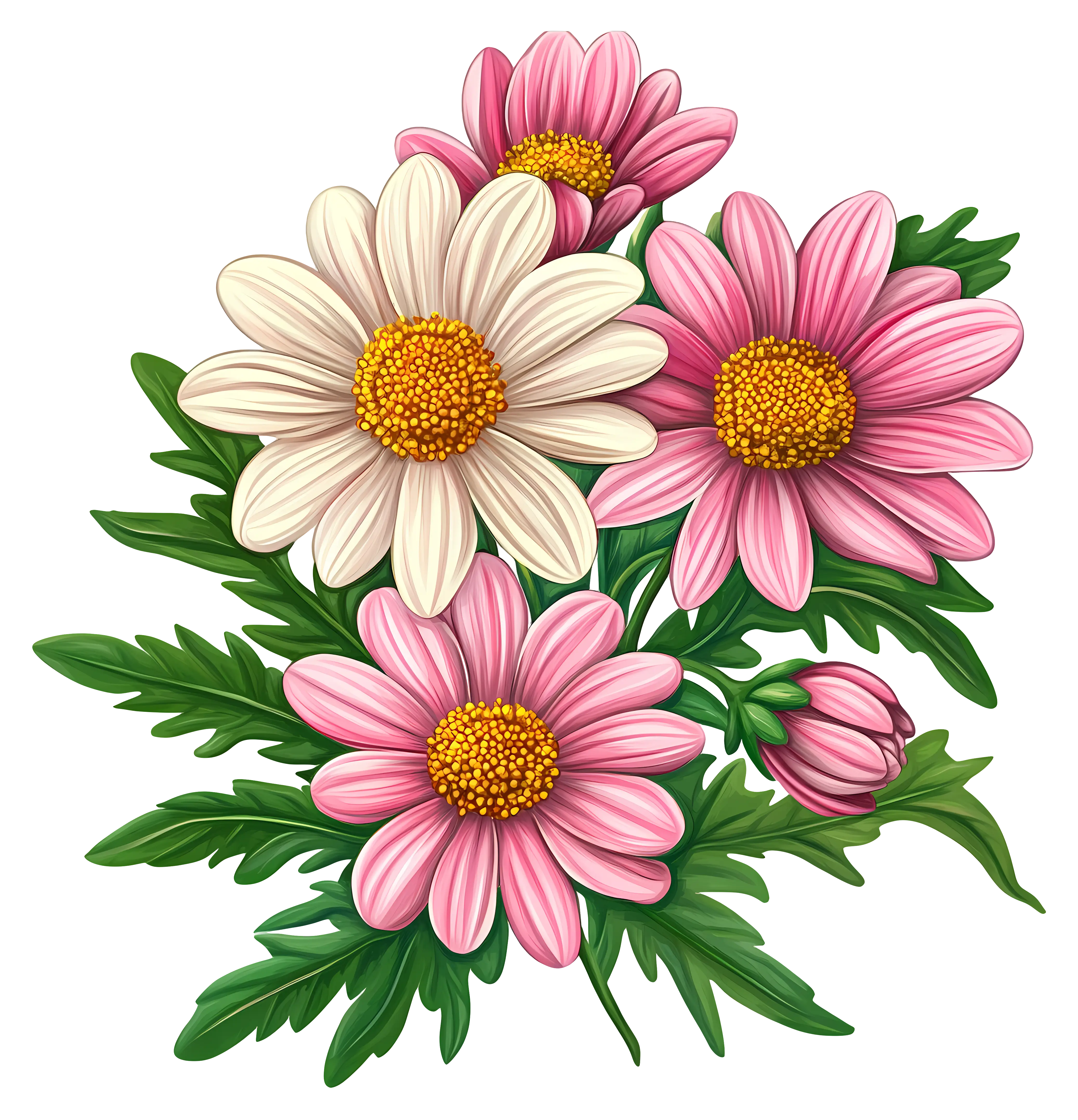 Botanical Illustration of a Pink and White Daisy Bouquet