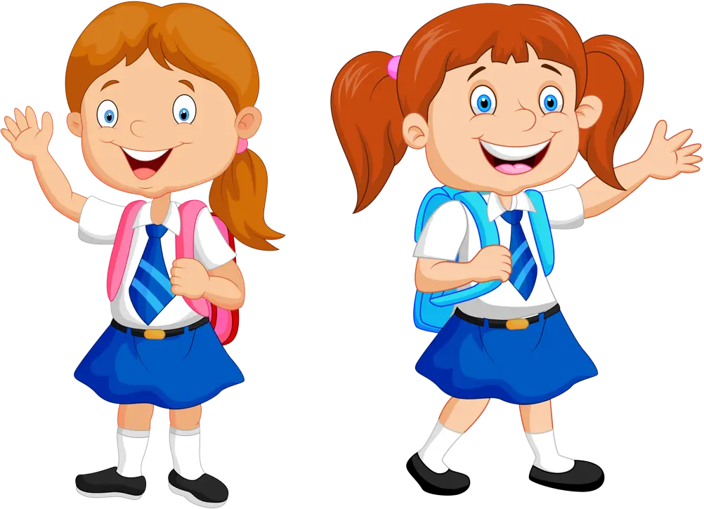 Cheerful cartoon schoolgirls with backpacks