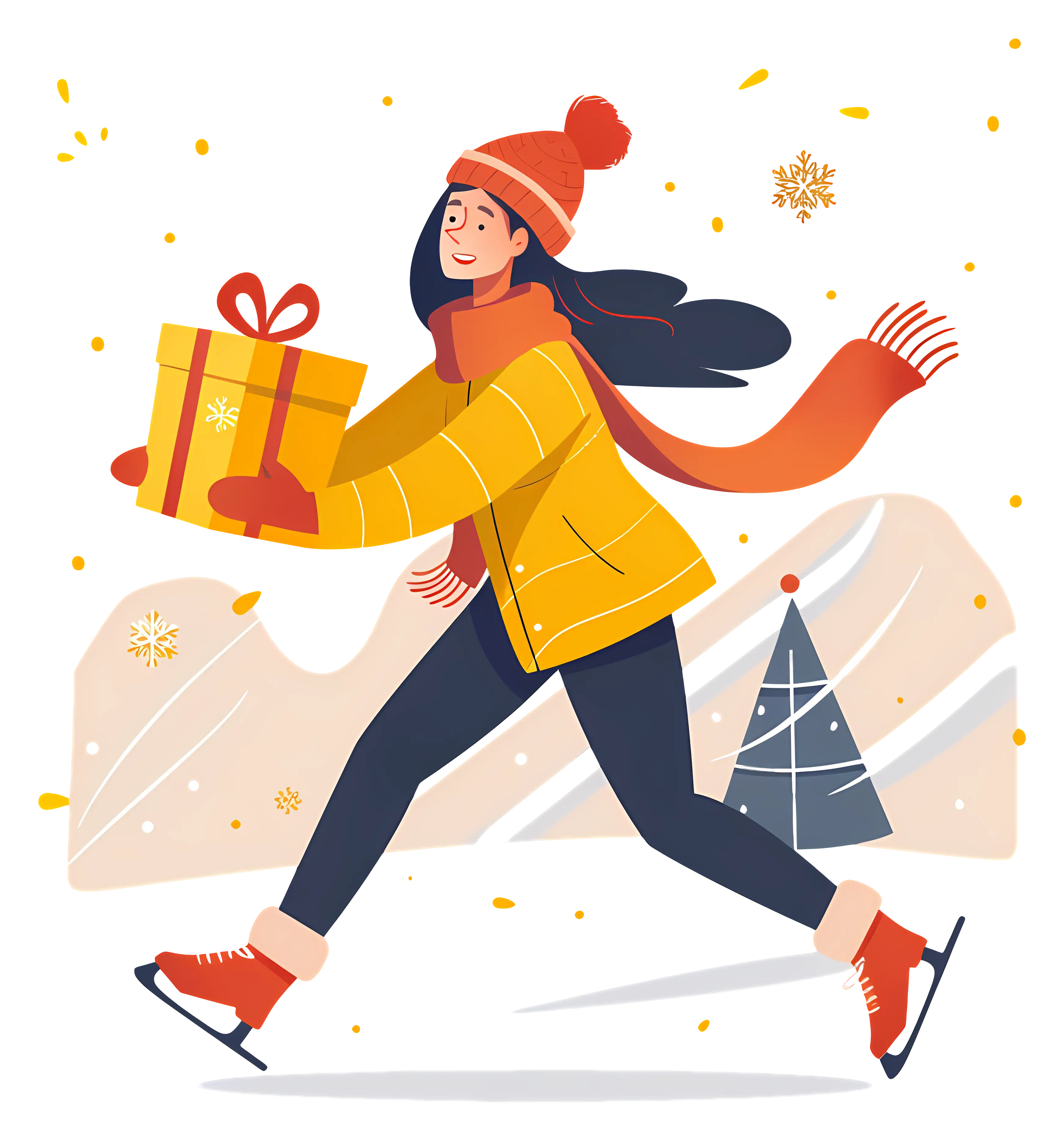 Joyful Woman Skating with a Holiday Gift
