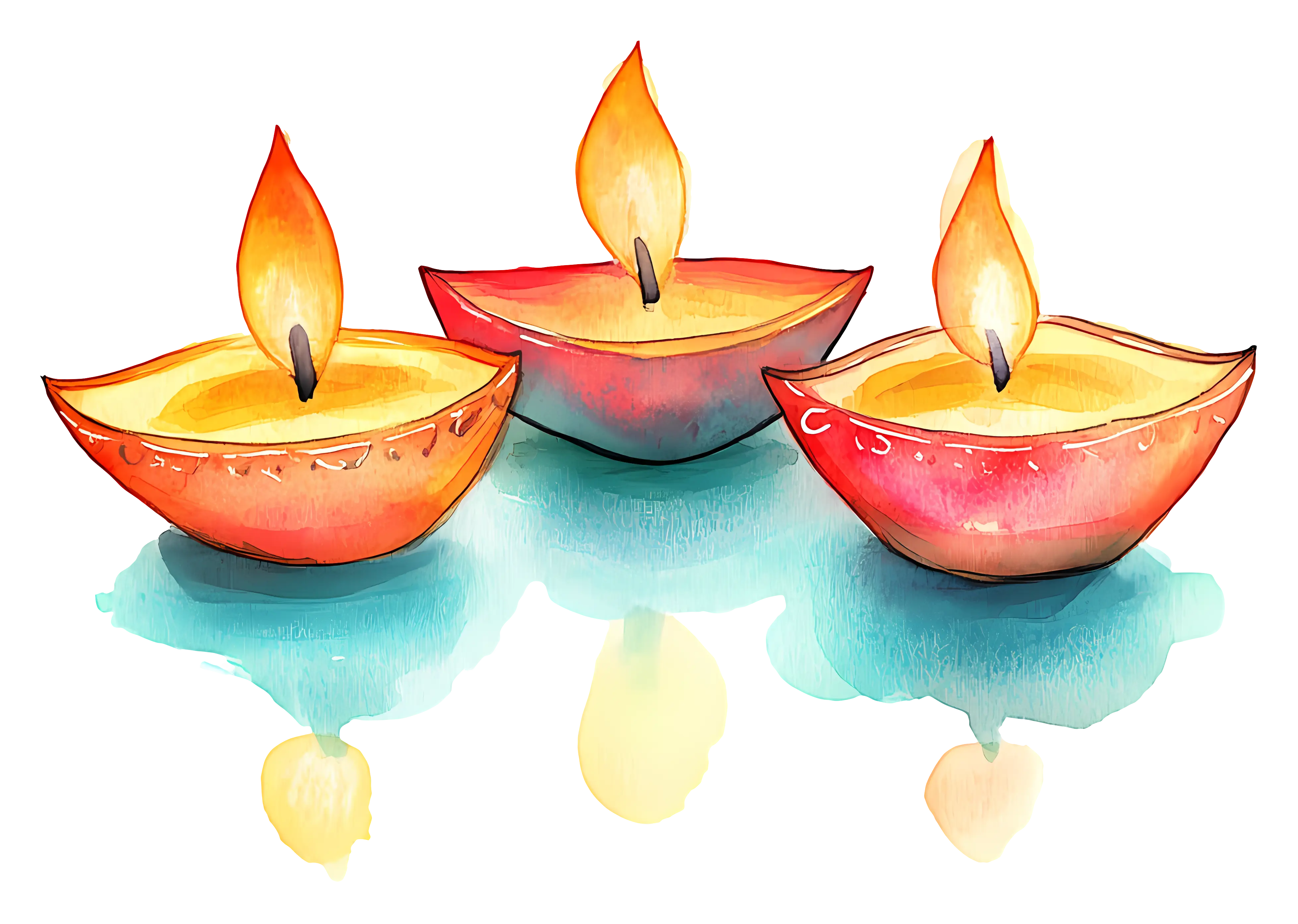 Three Brightly Painted Diya Lamps with Flames
