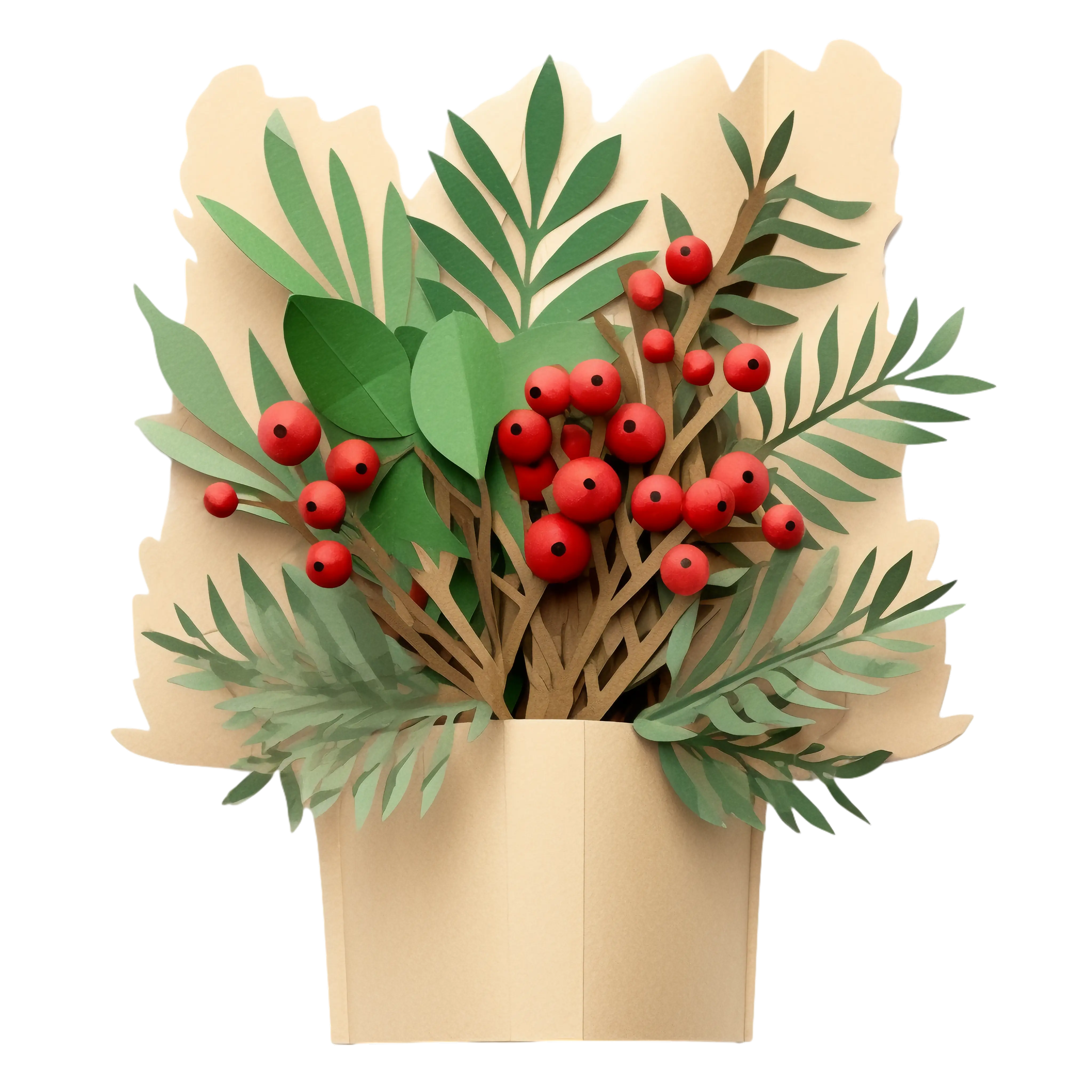 Holiday Paper Bouquet with Red Baubles and Leaves