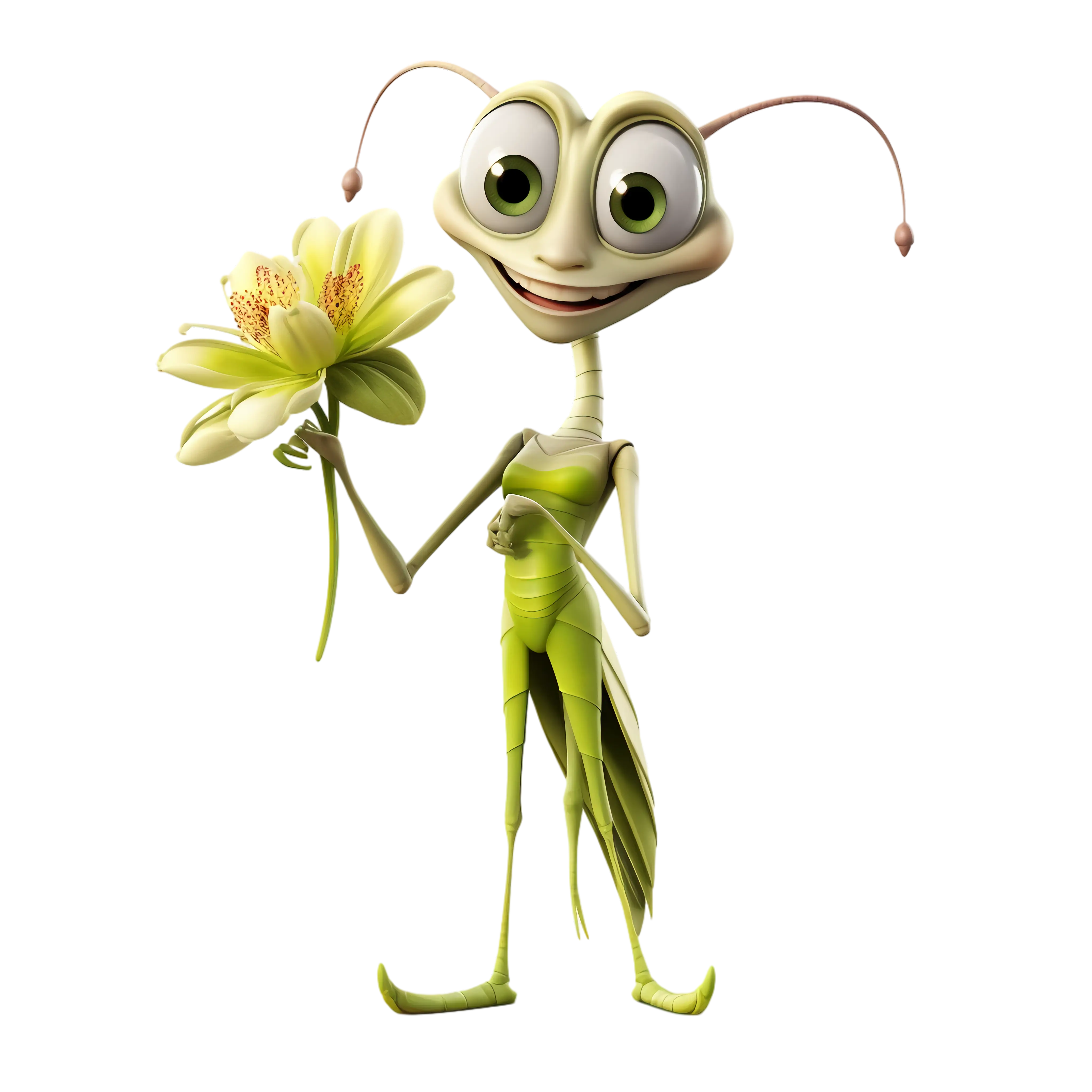 Cartoon Grasshopper Holding a Flower
