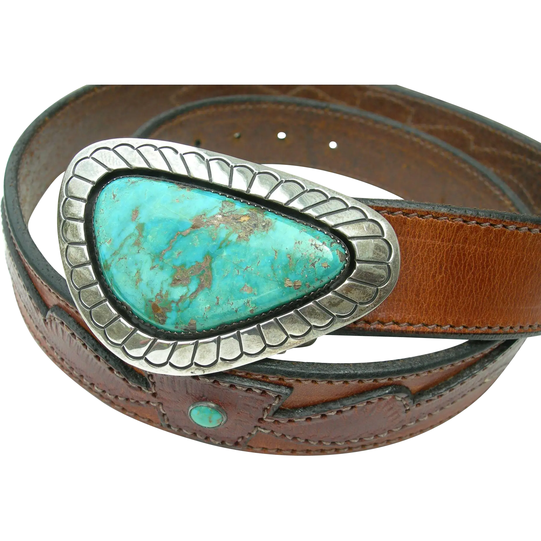 Leather Belt with Turquoise Buckle