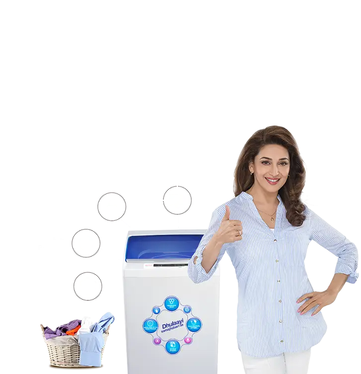 Woman with Washing Machine and Laundry Basket