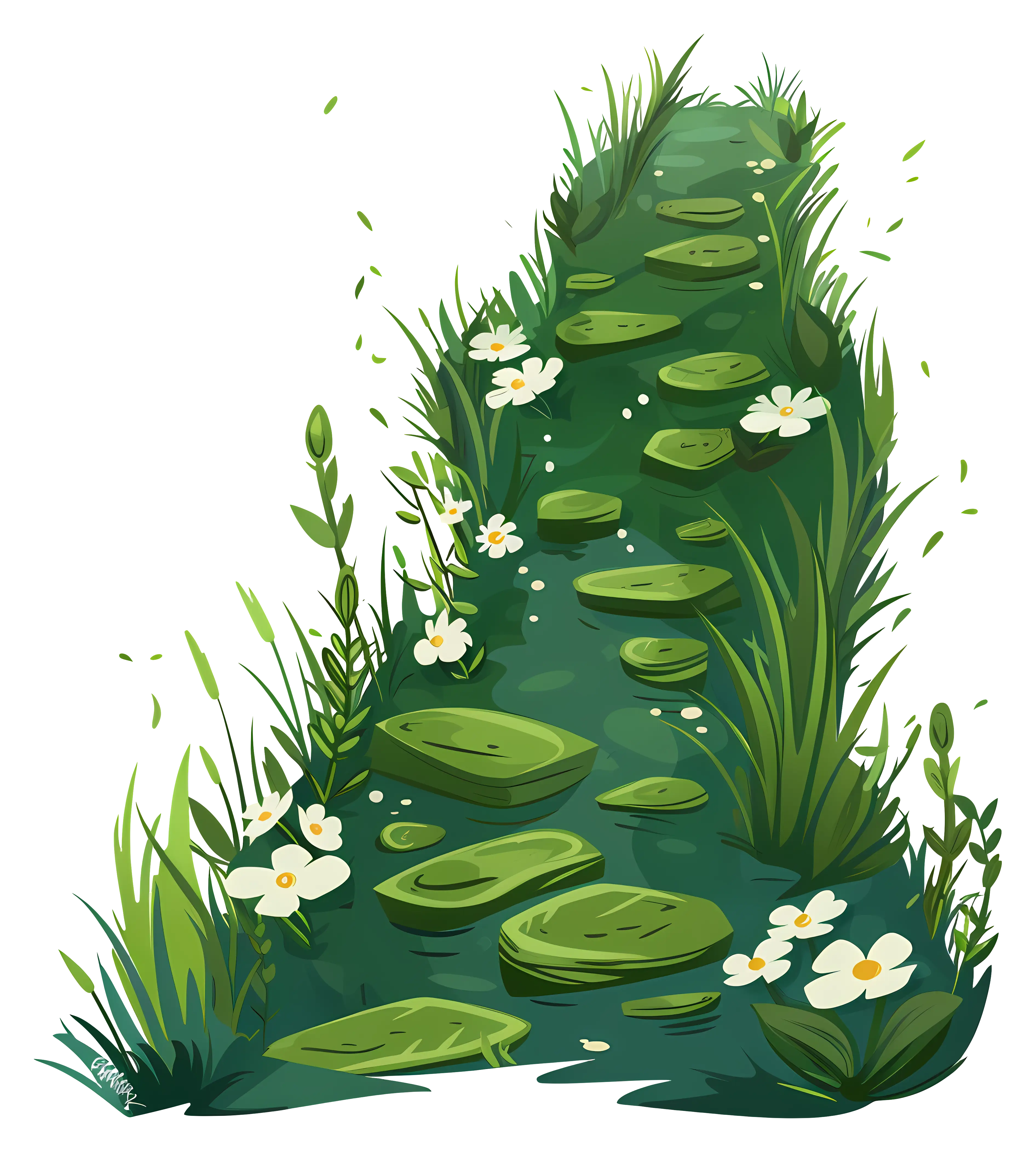 Stone Pathway with Lush Greenery and Flowers Illustration