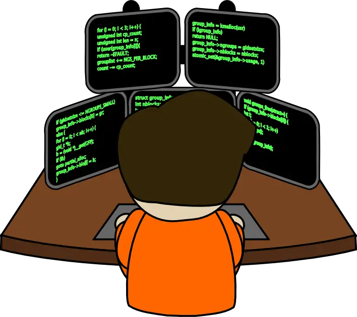 Cartoon Programmer Coding on Multiple Monitors