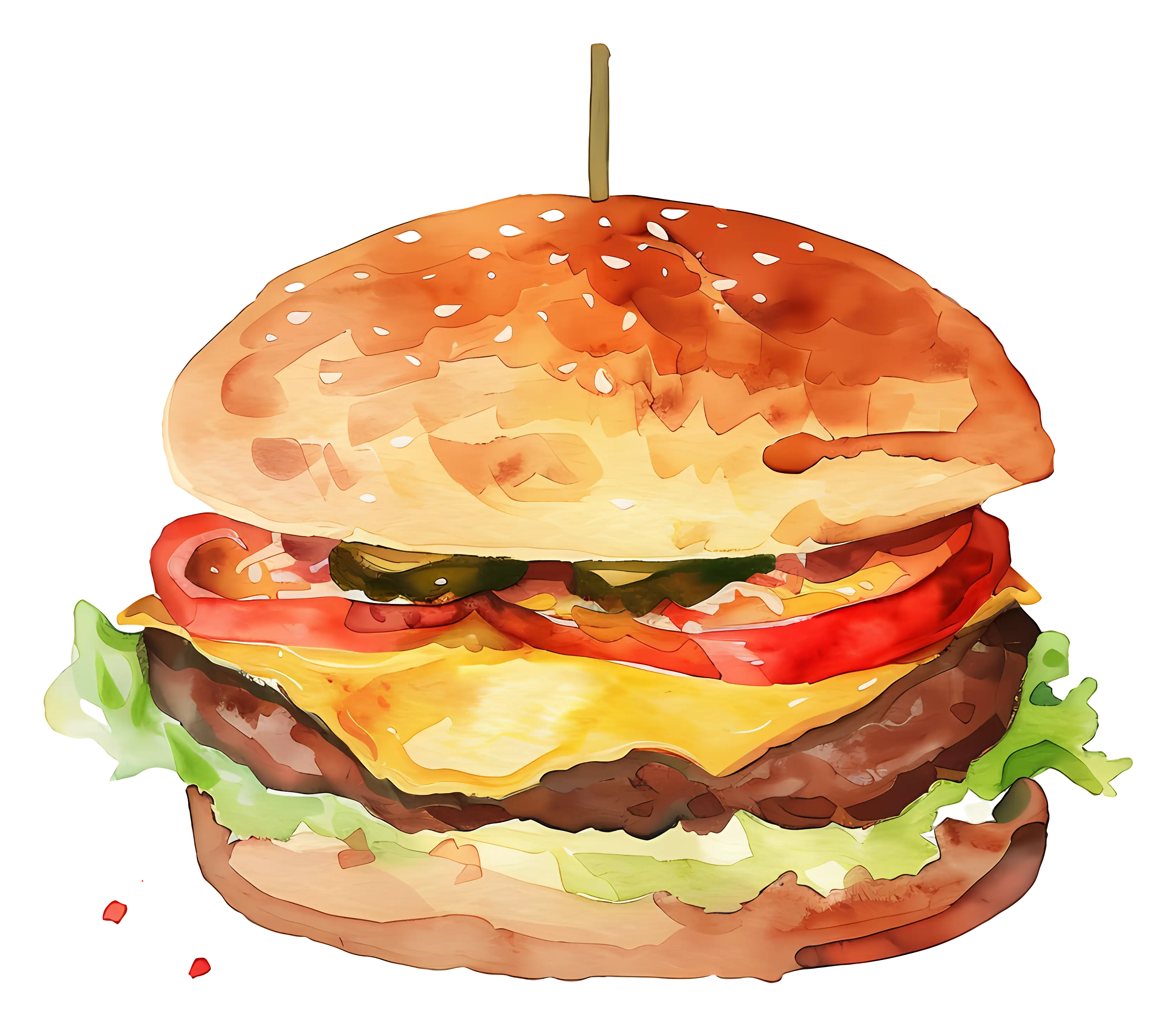Cheeseburger with Toppings Watercolor Illustration