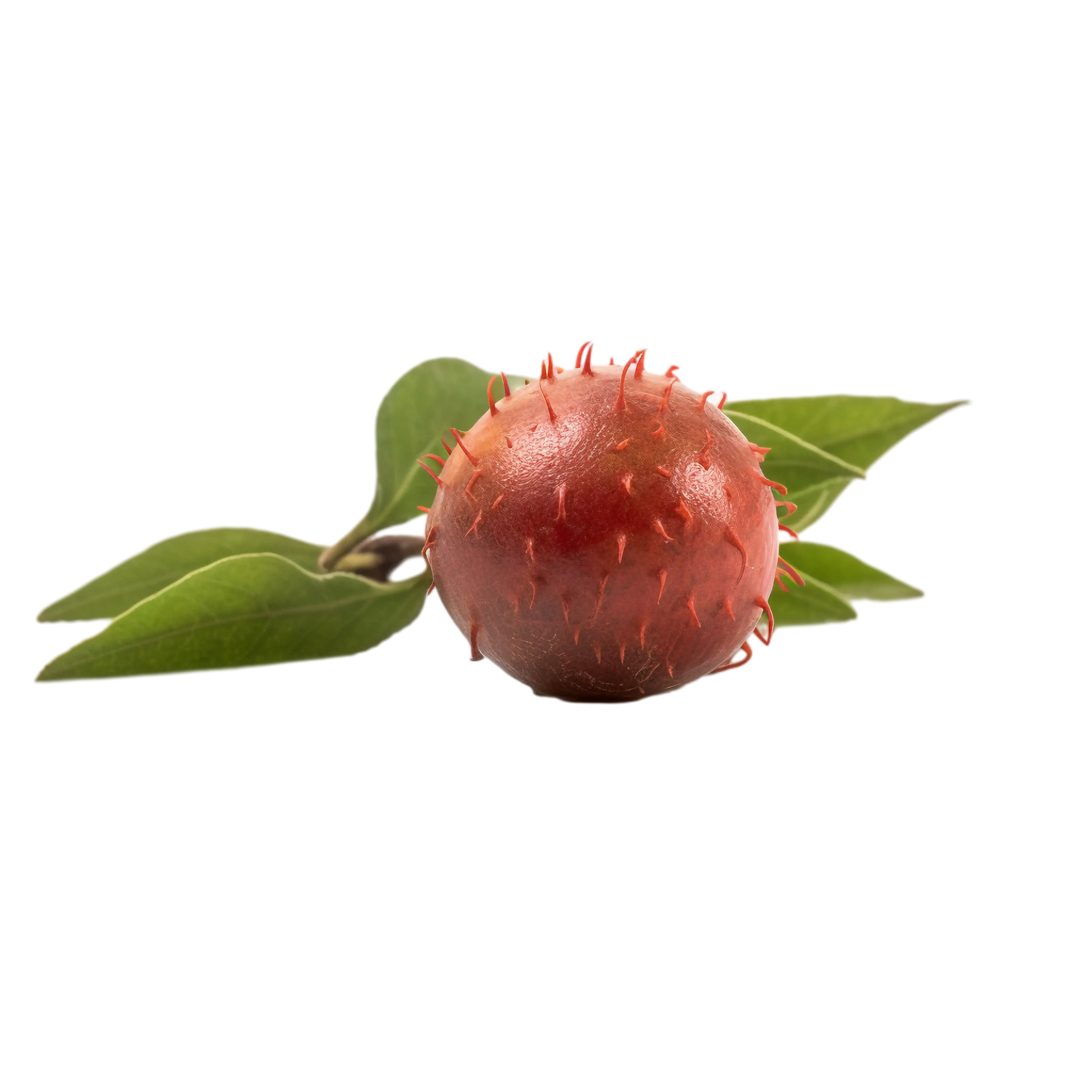 Red Spiky Fruit on Branch with Leaves