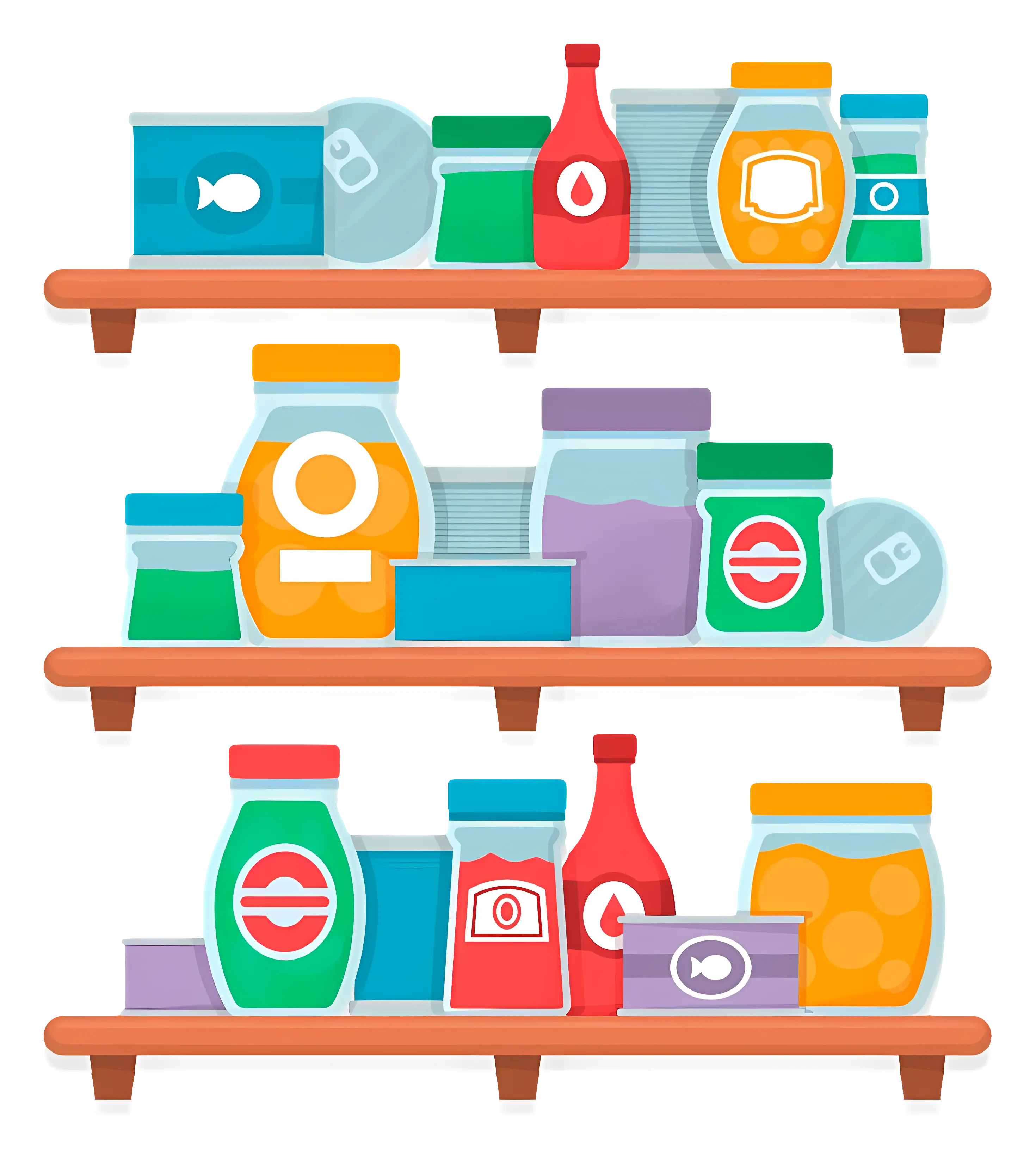 Colorful Pantry Shelves with Cans and Jars