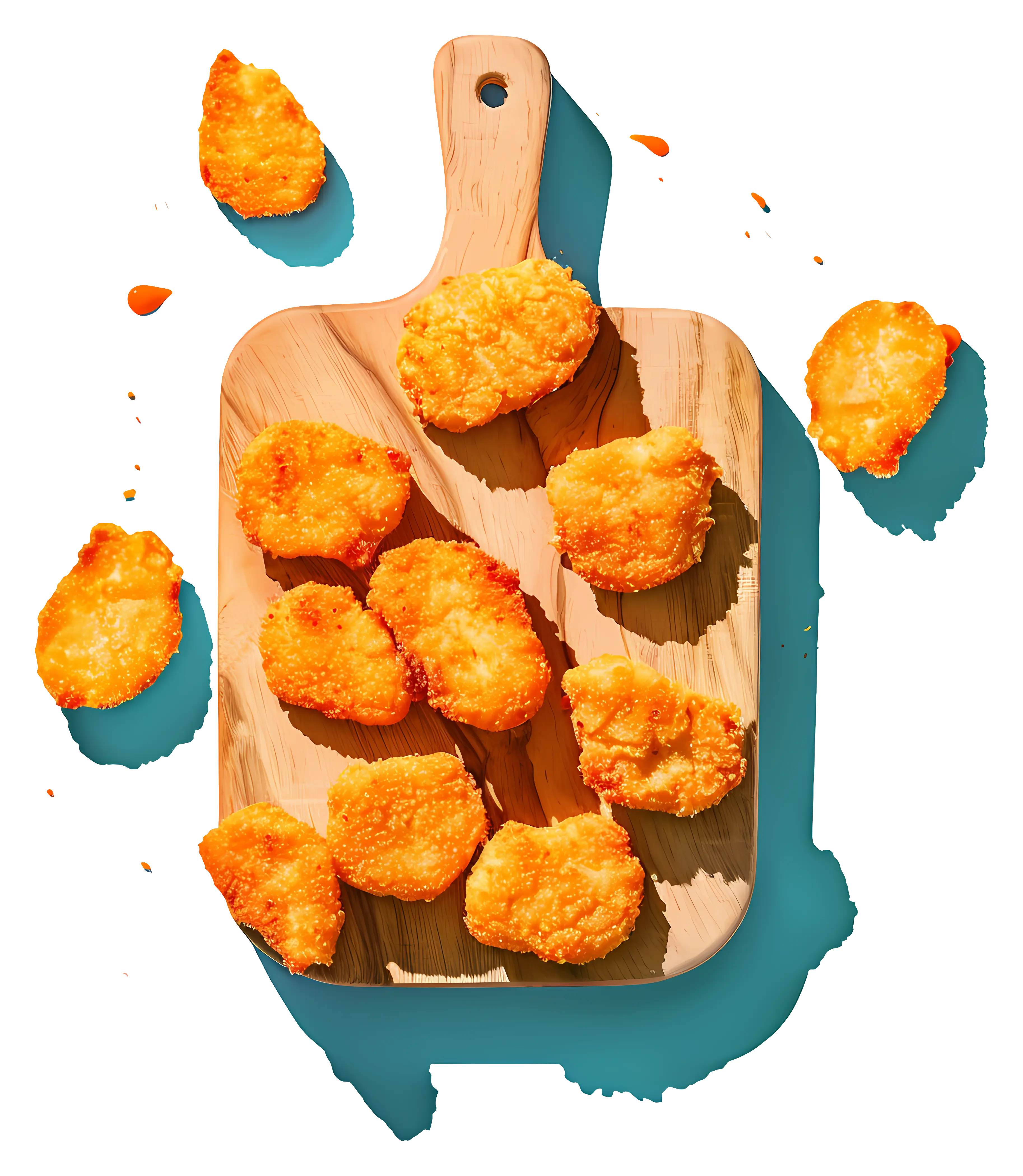 Crispy Golden Chicken Nuggets on Wooden Board