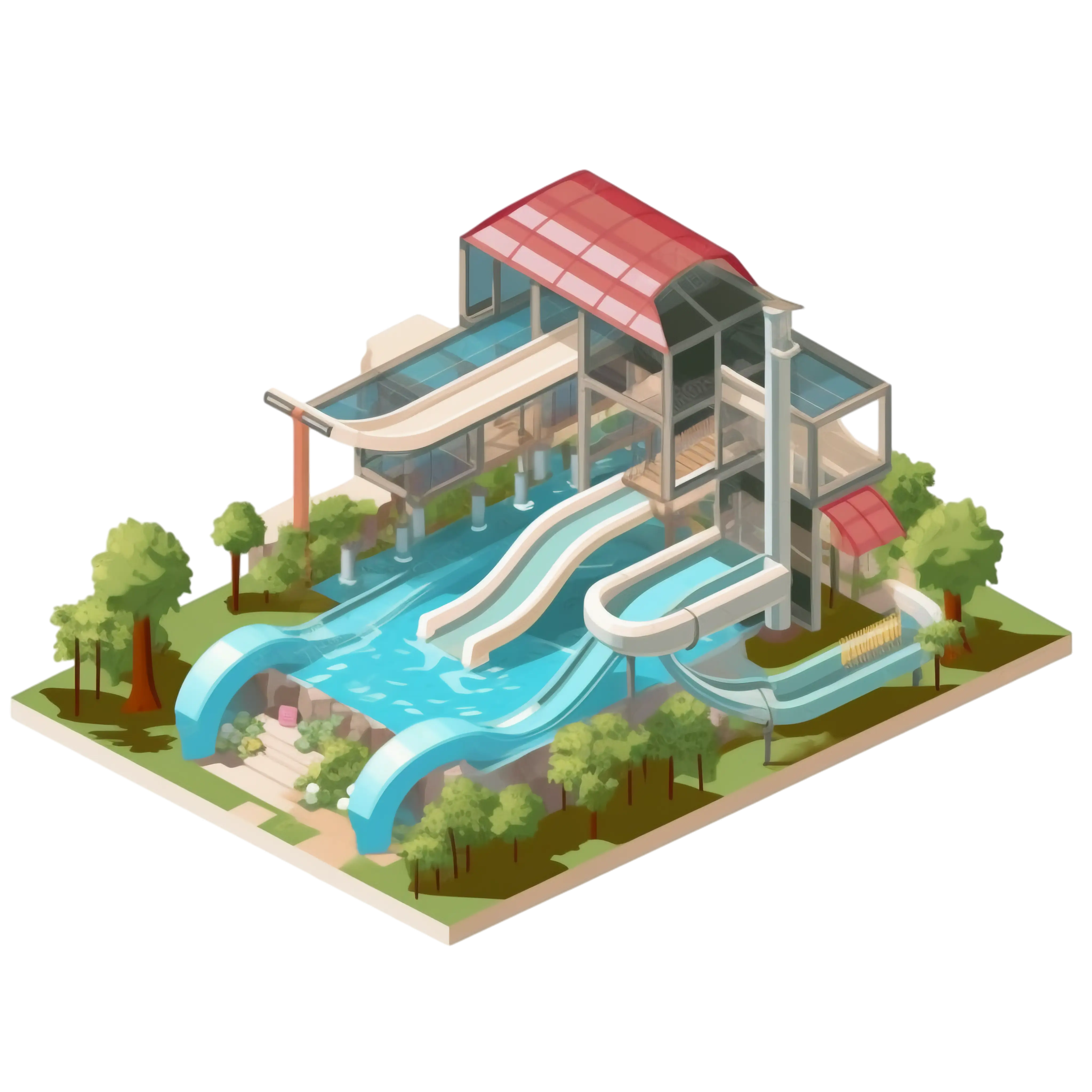 Waterpark Illustration with Multiple Slides