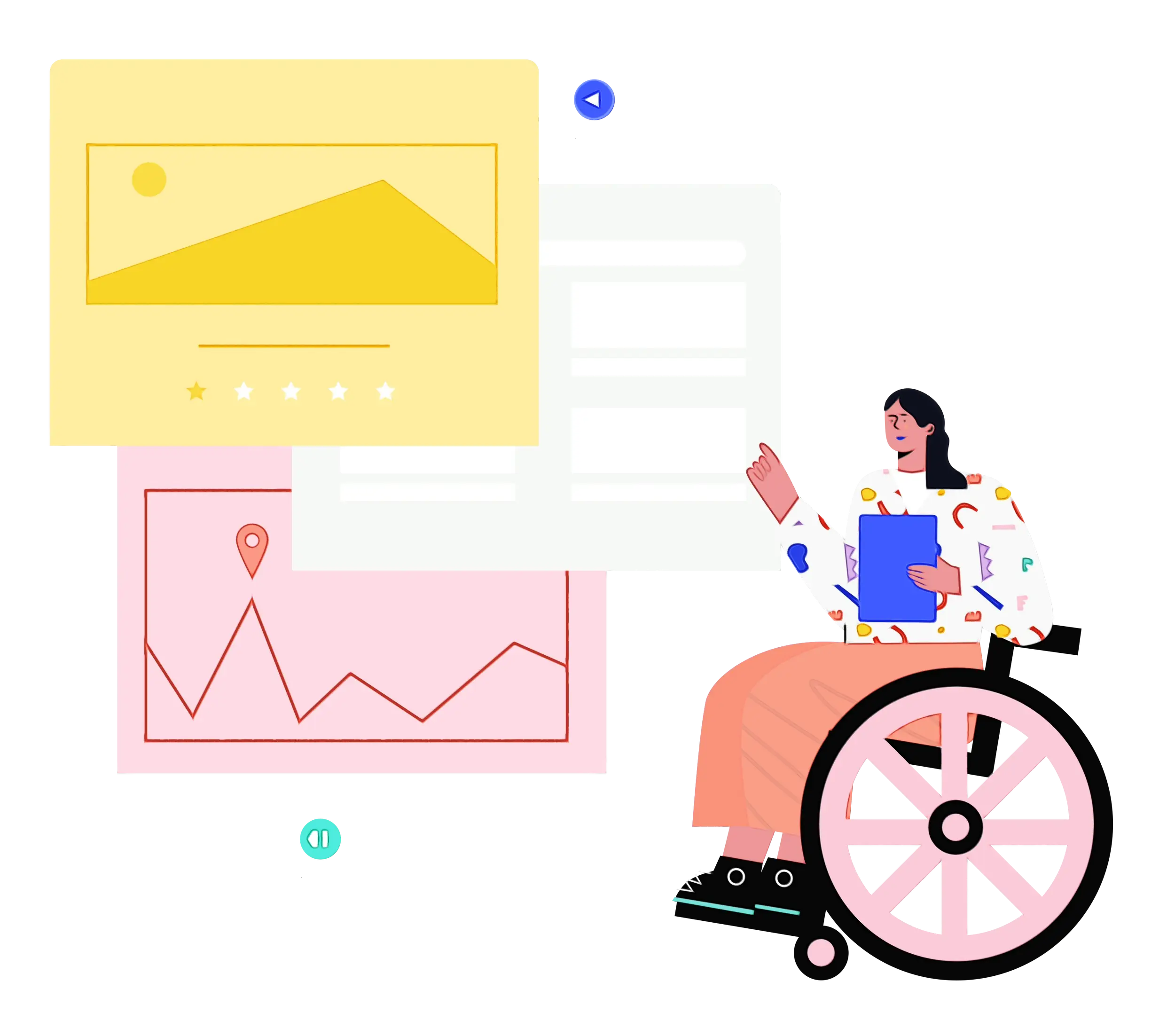Illustration of Individual in Wheelchair with Data Charts