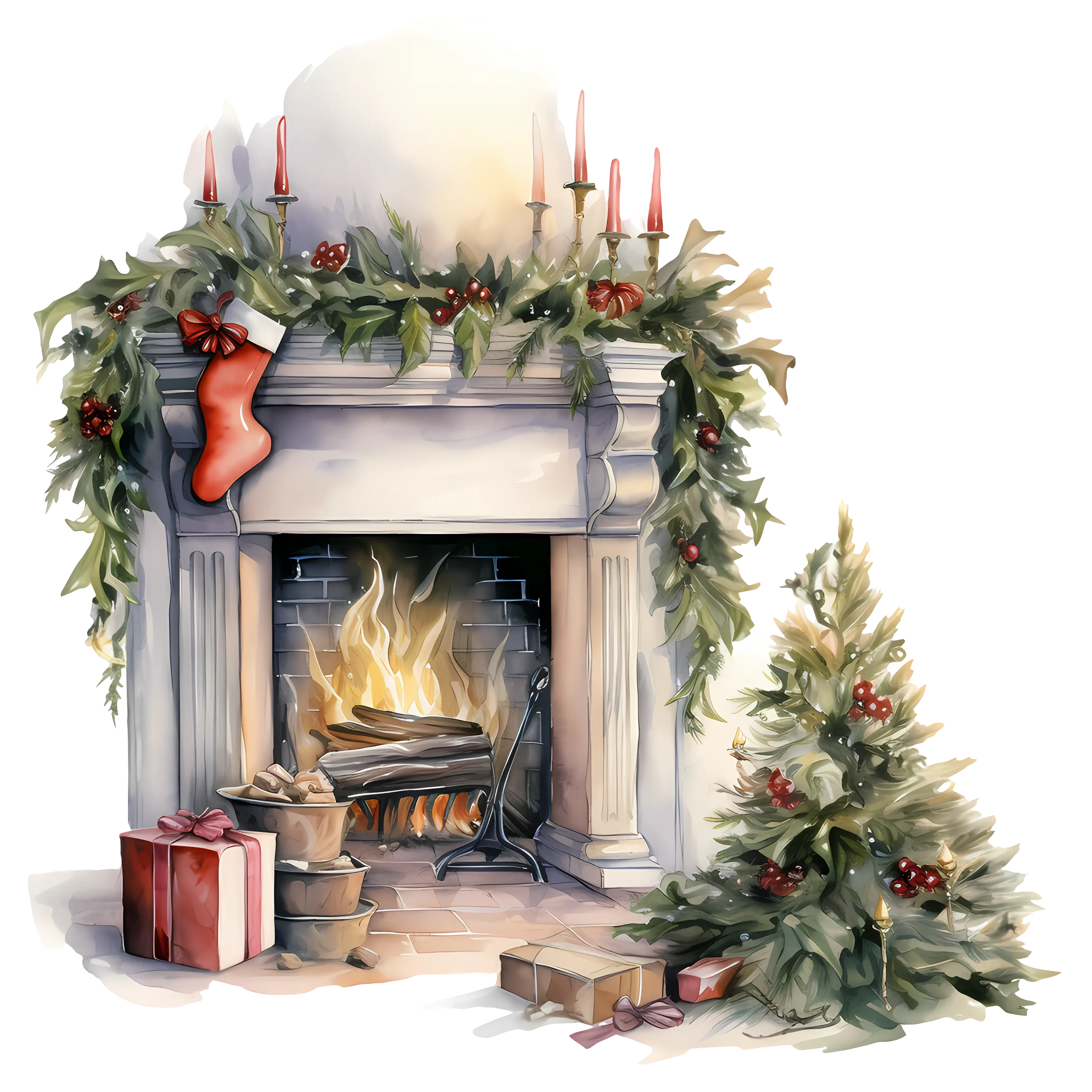 Christmas Fireplace with Festive Decorations