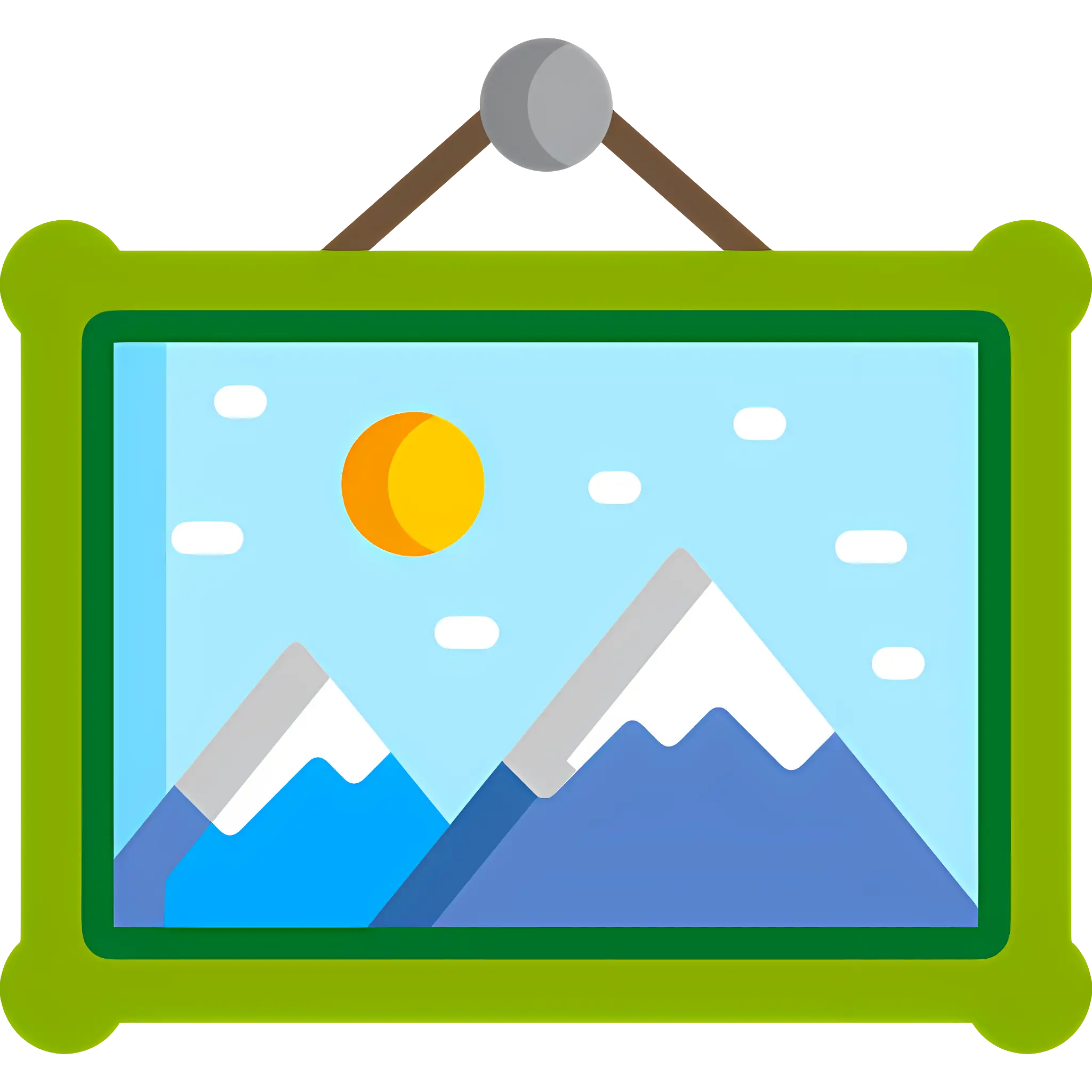 Framed Landscape Picture with Sun and Mountains