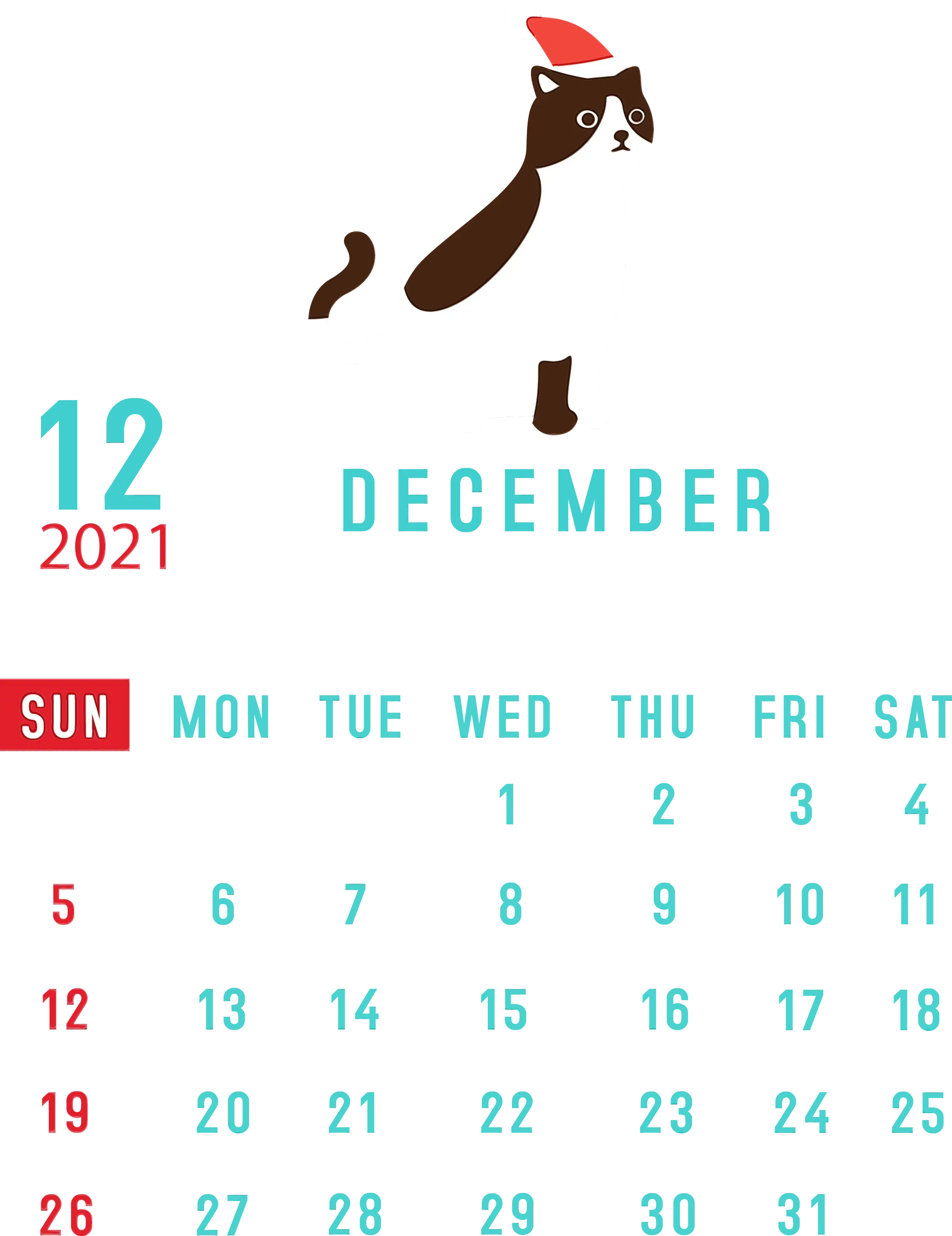 Brown and White Cat Calendar for December 2021