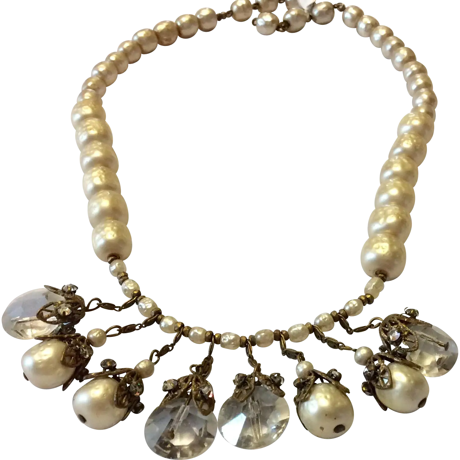 Vintage Pearl Necklace with Crystal Charms