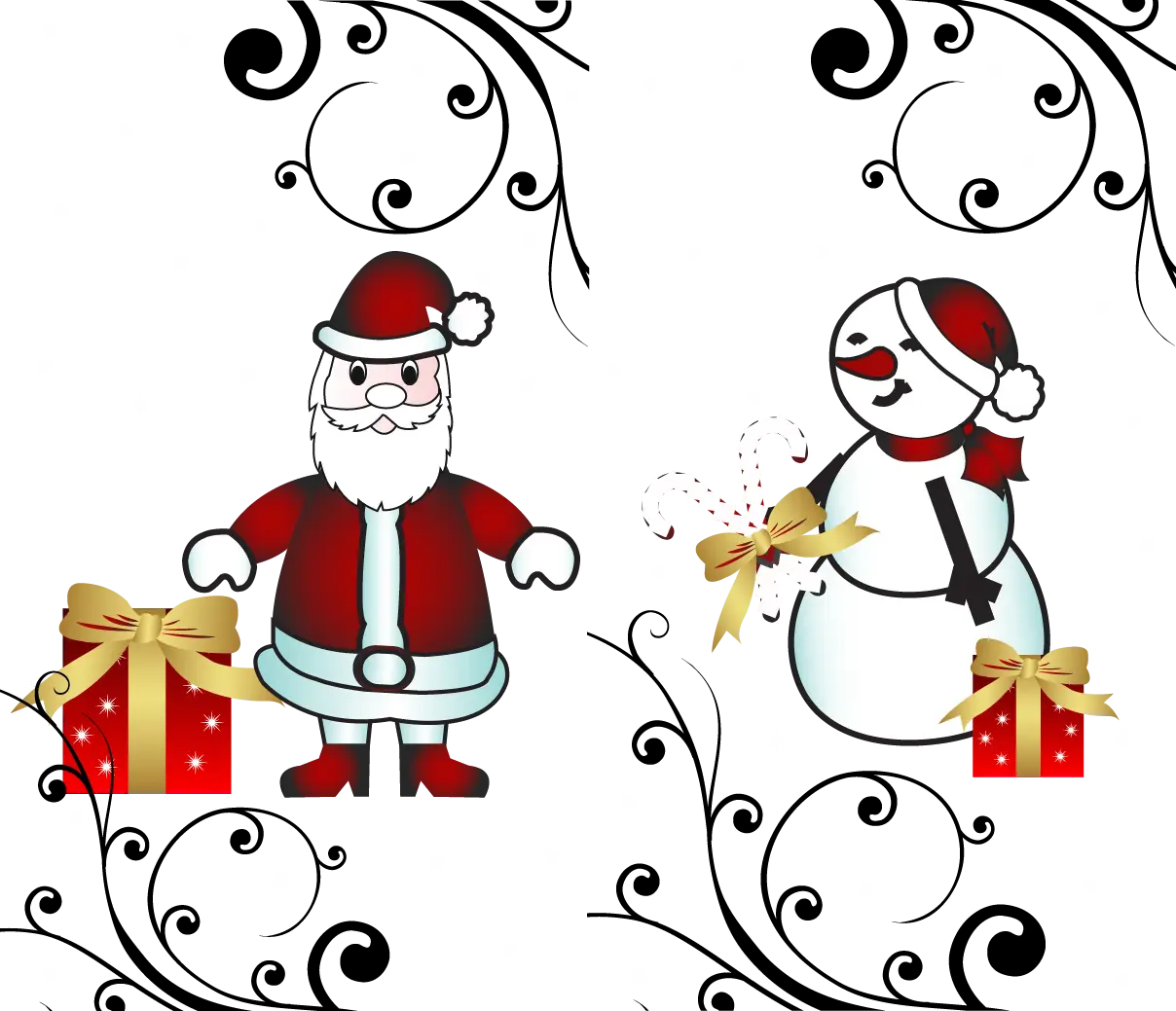 Santa and Snowman Holiday Illustration with Gifts