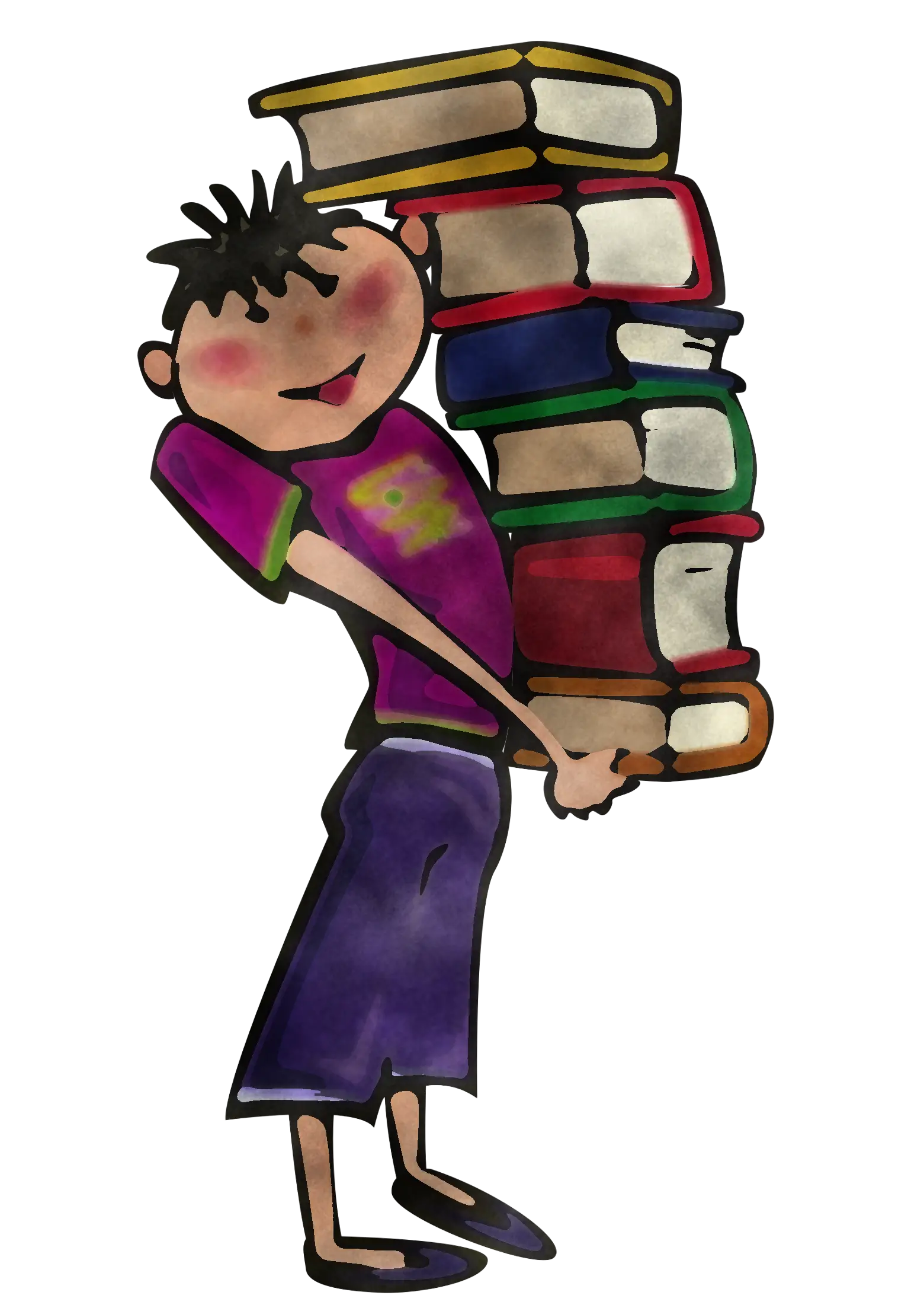 Boy Carrying a Stack of Books Illustration
