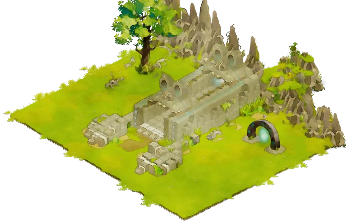 Fantasy Stone Ruin in Lush Green Landscape