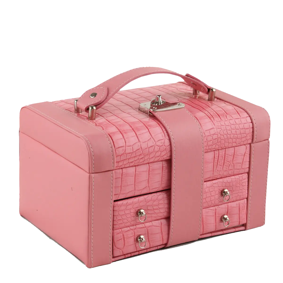 Elegant Pink Leather Jewelry Box with Handle