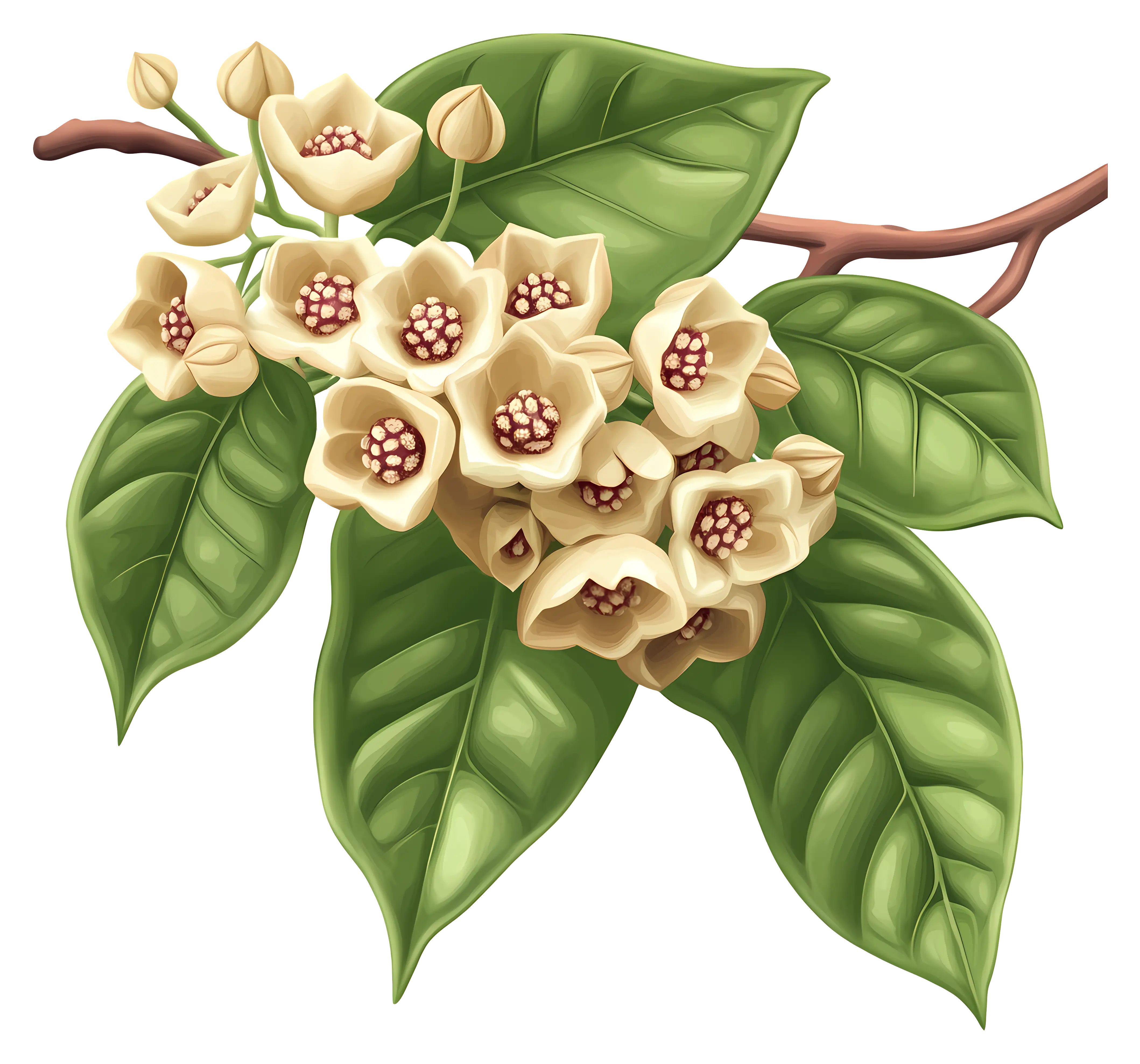 Branch with Cream Flowers and Green Leaves