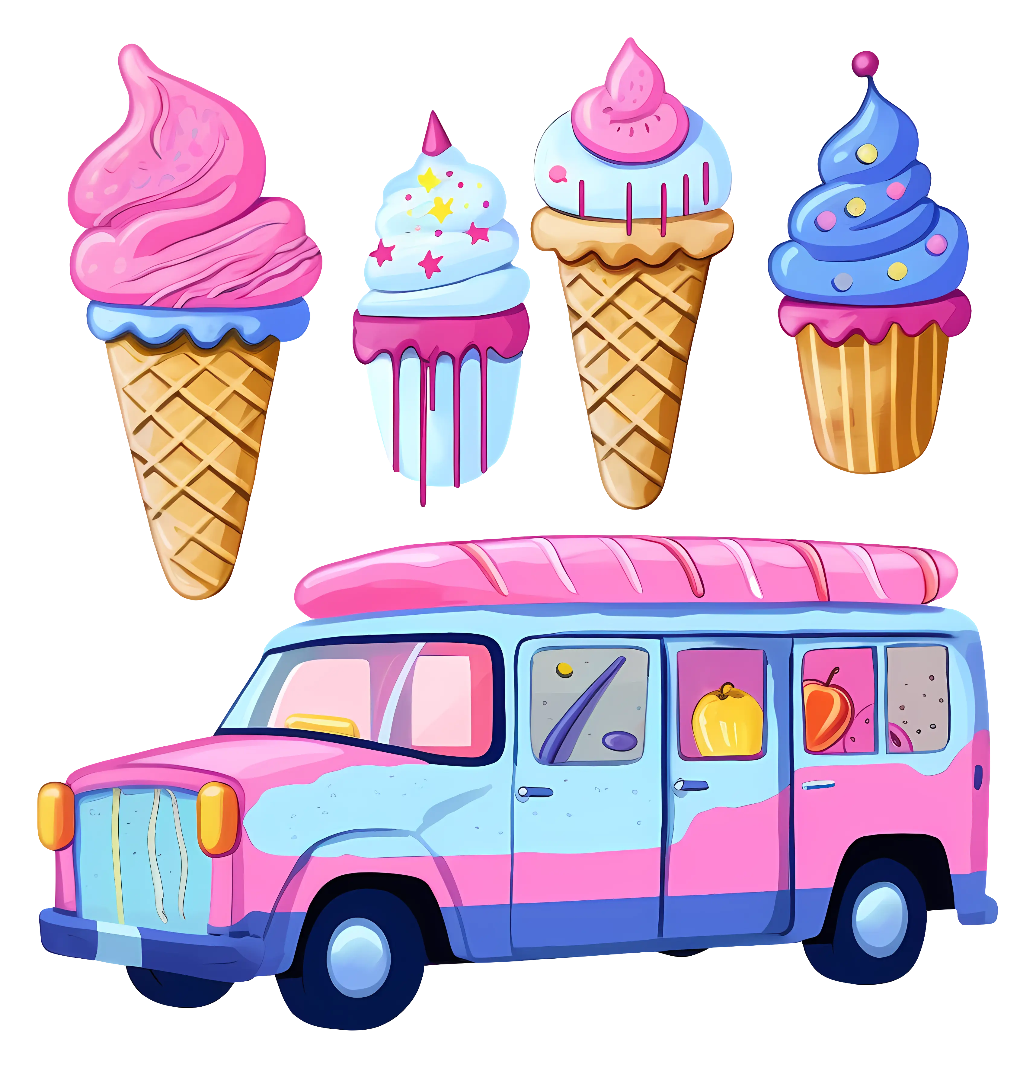 Cartoon Ice Cream Truck and Cones