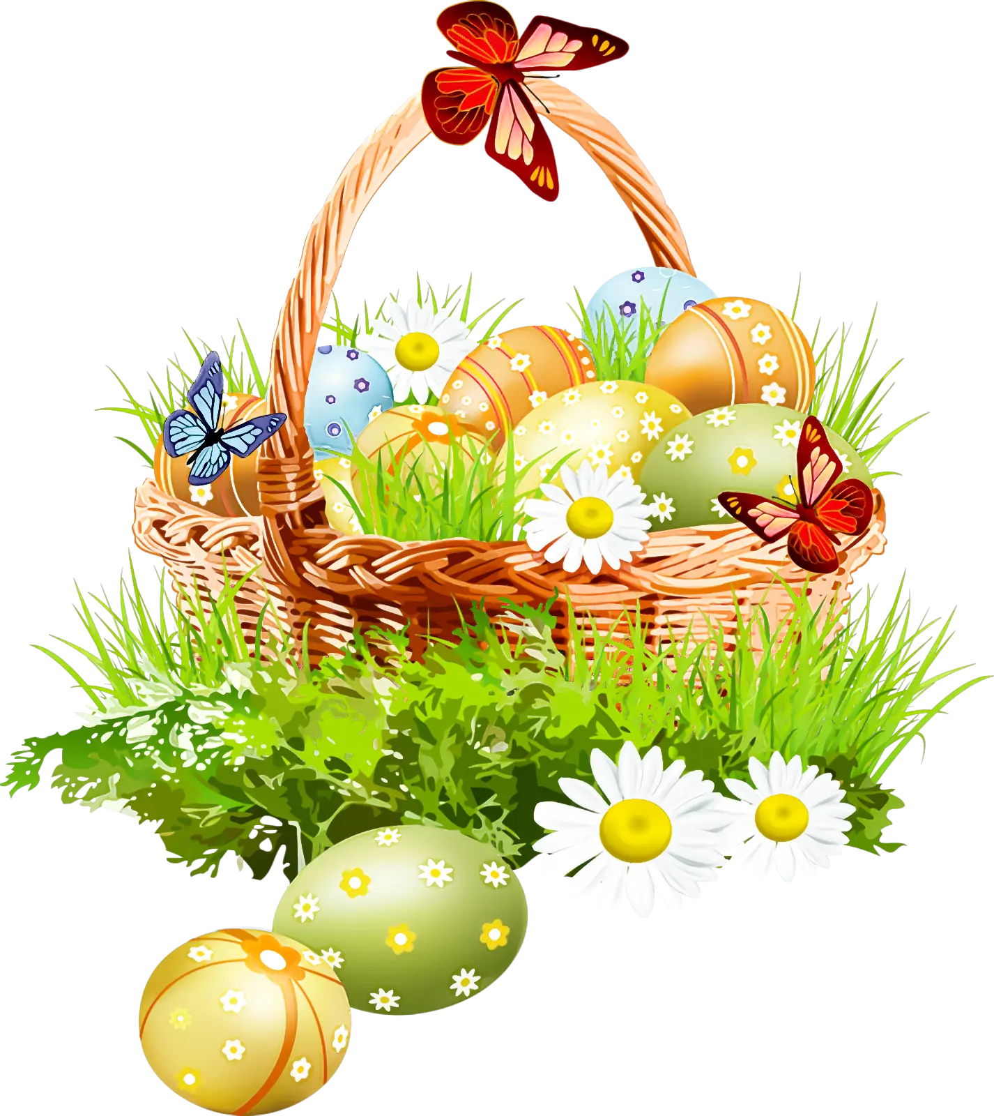 Colorful Easter Basket with Eggs and Butterflies