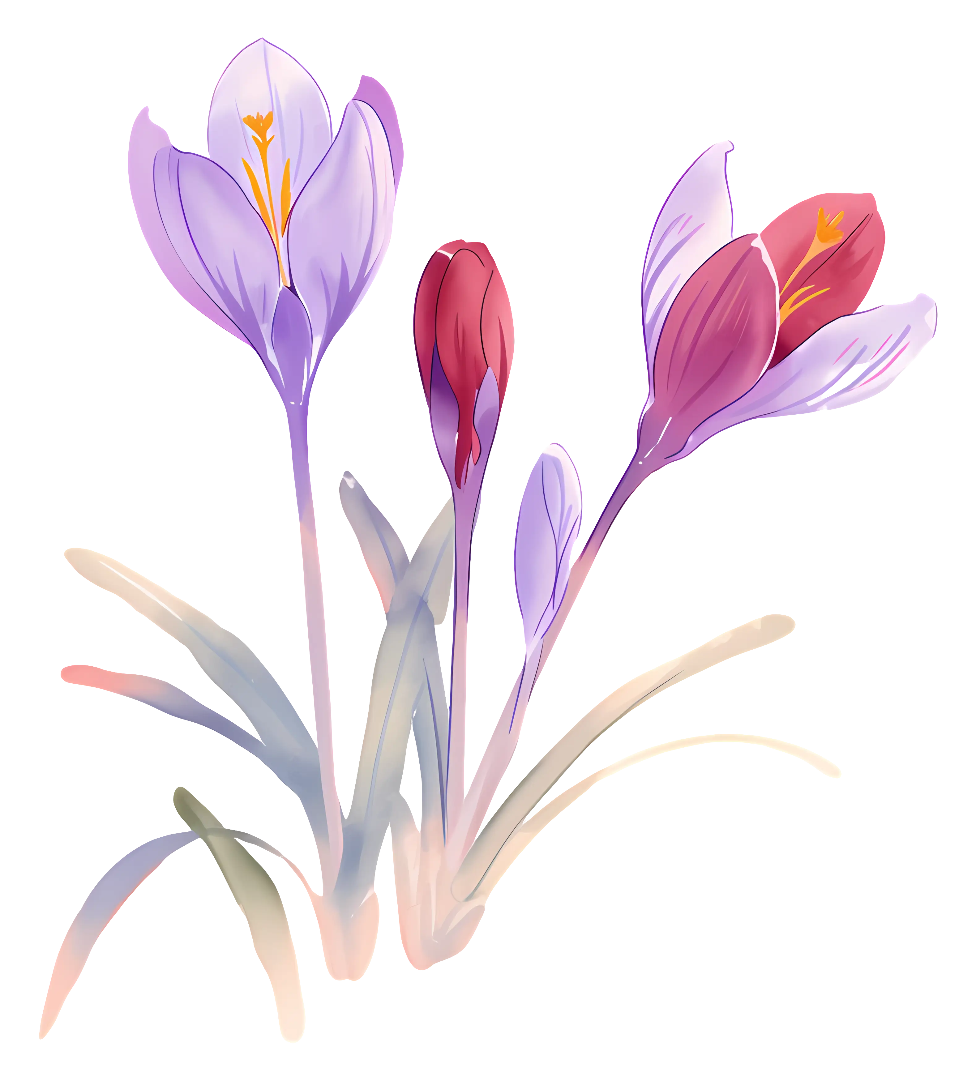Watercolor Crocus Flowers in Purple and Red