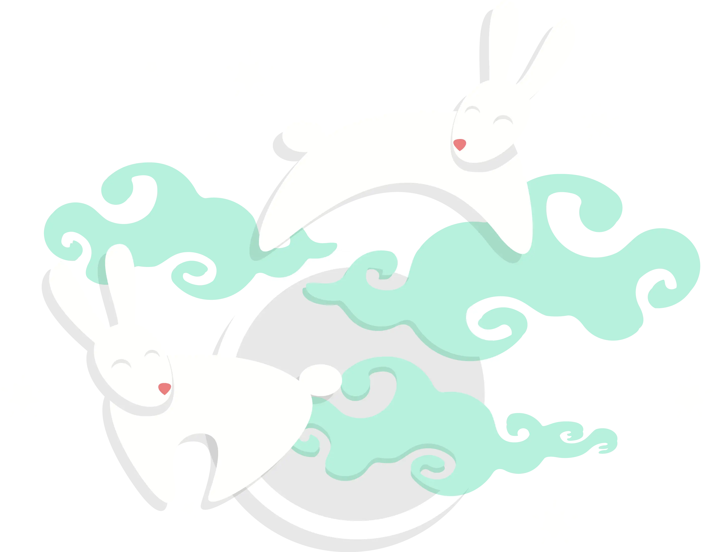 Whimsical White Rabbits and Green Clouds Illustration