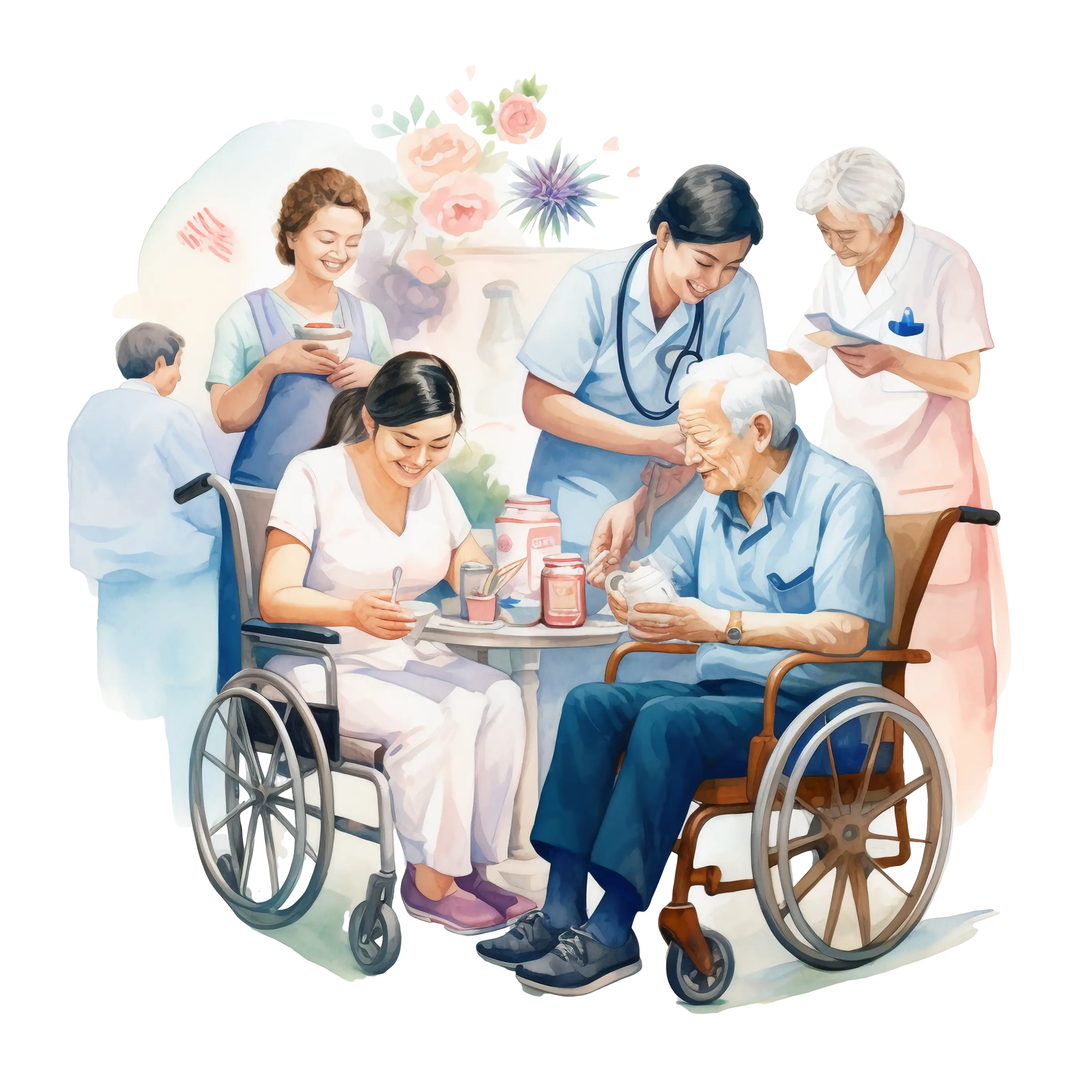 Elderly Care Scene with Nurses and Wheelchair