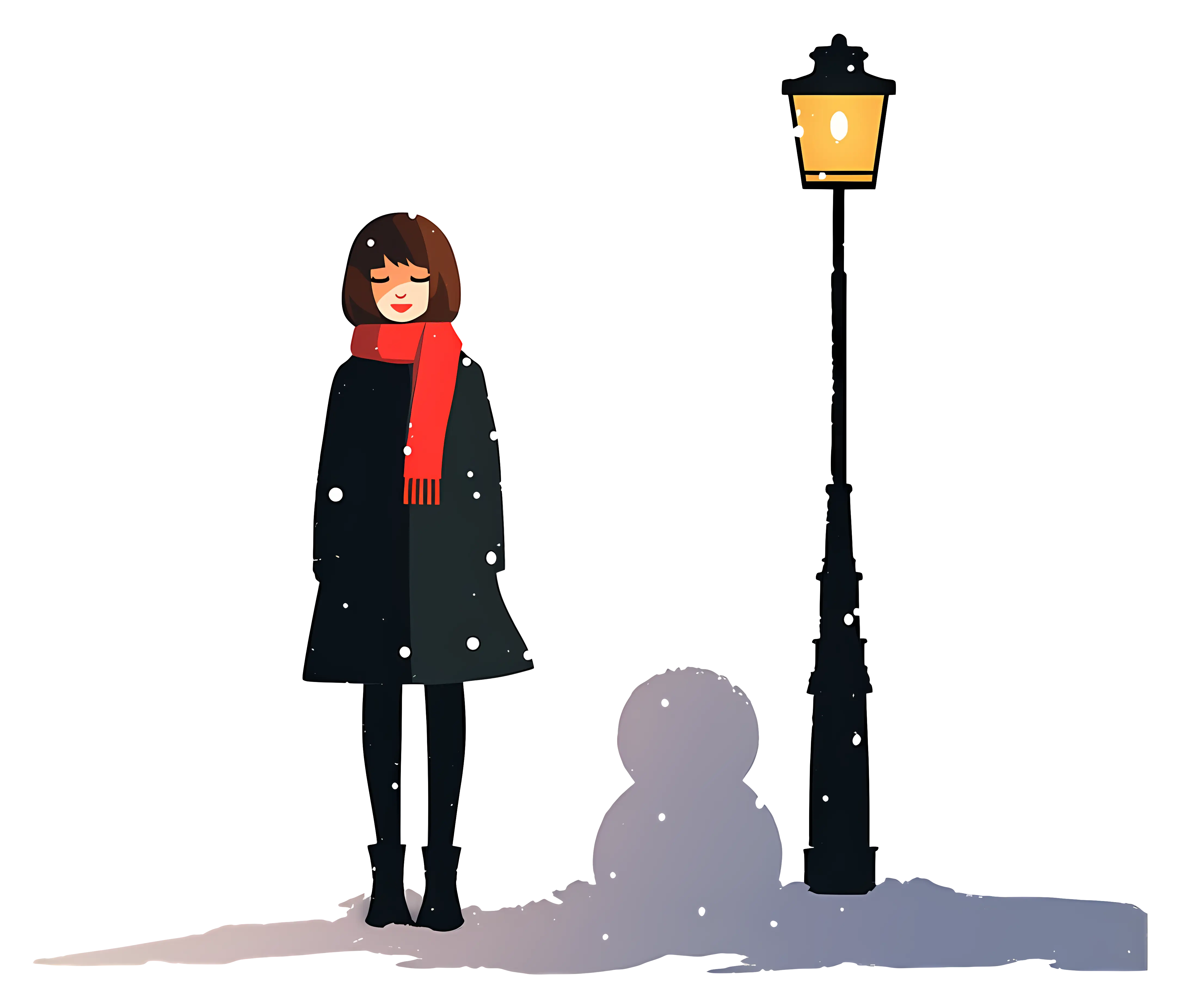 Woman Standing by Streetlamp in Snowy Scene