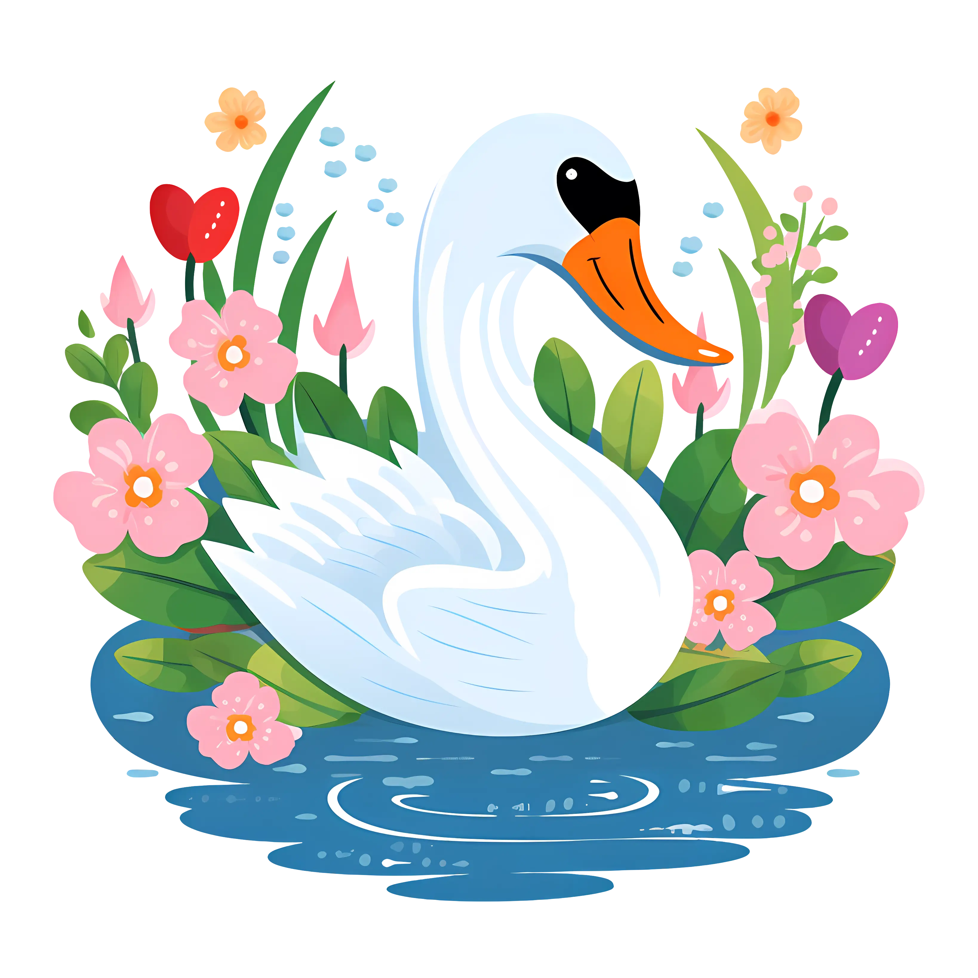 Graceful Swan Illustration in Floral Pond