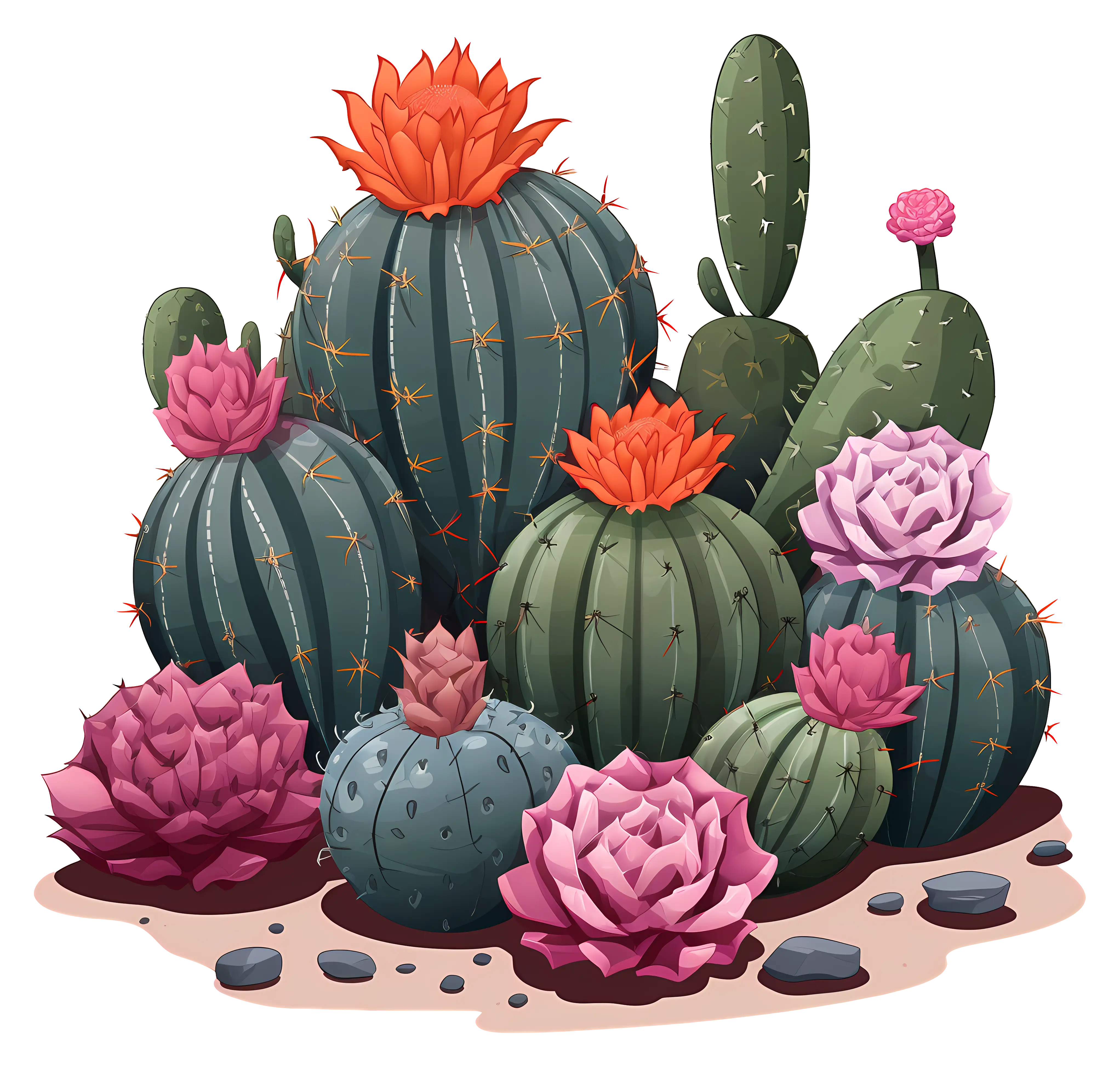 Colorful Cacti with Flowers Illustration
